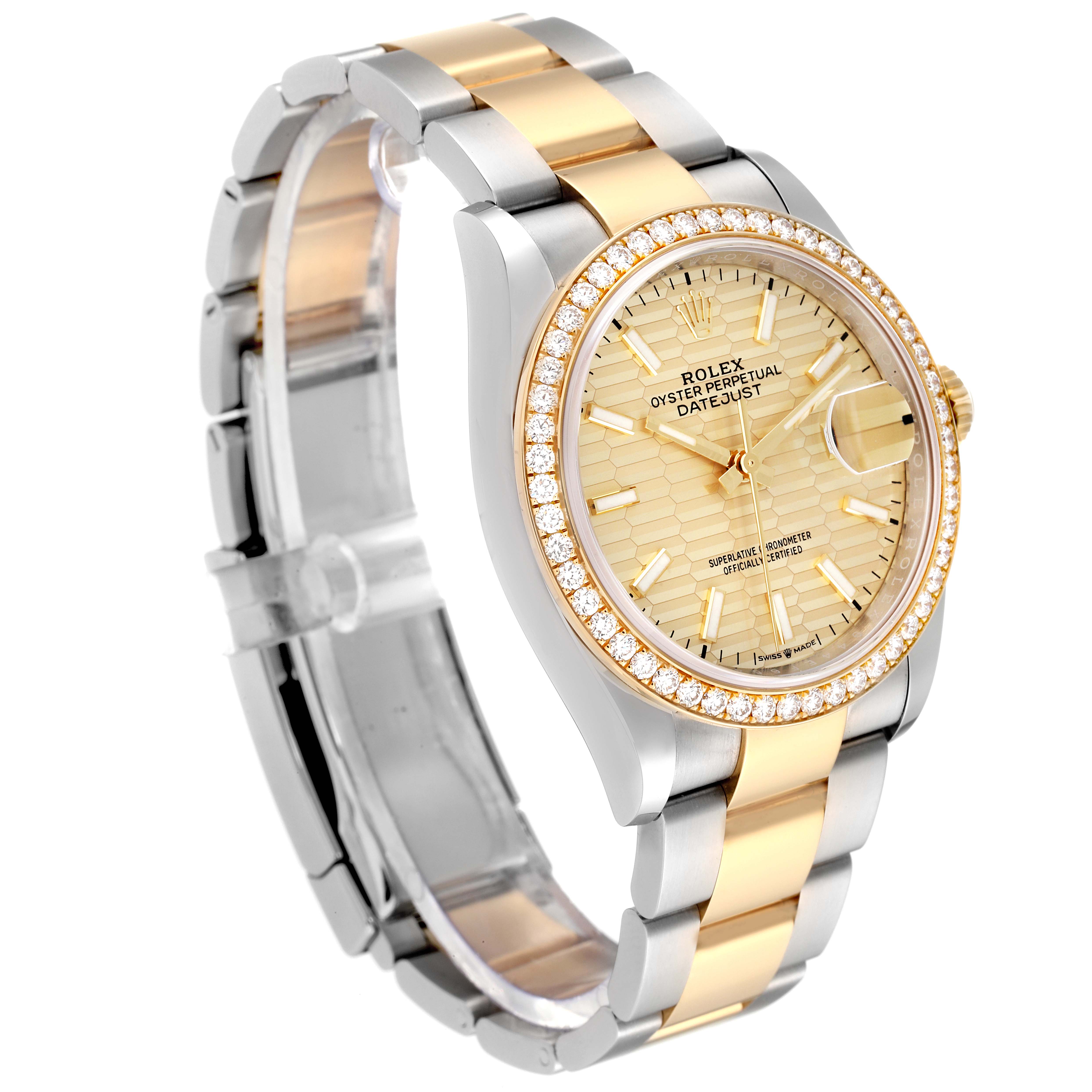 The image shows a Rolex Datejust 126283 Men's Steel and Gold (two tone) Champagne Dial 126283 Men's Steel and Gold (two tone) Champagne Dial watch at a slight angle, highlighting the bezel, dial, bracelet, and crown.