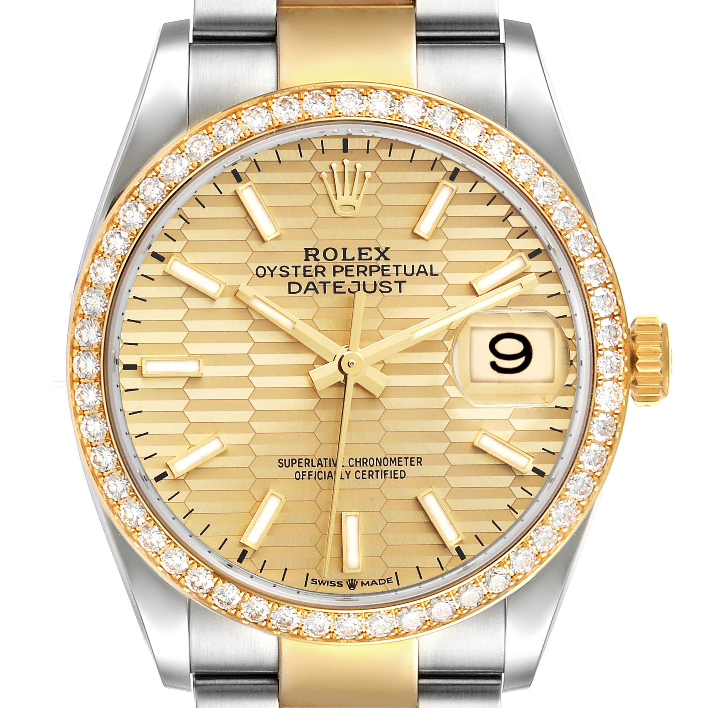 This Rolex Datejust 126283 Men's Steel and Gold (two tone) Champagne Dial 126283 Men's Steel and Gold (two tone) Champagne Dial watch is shown from a frontal angle, highlighting its face, bezel, crown, and partial bracelet.