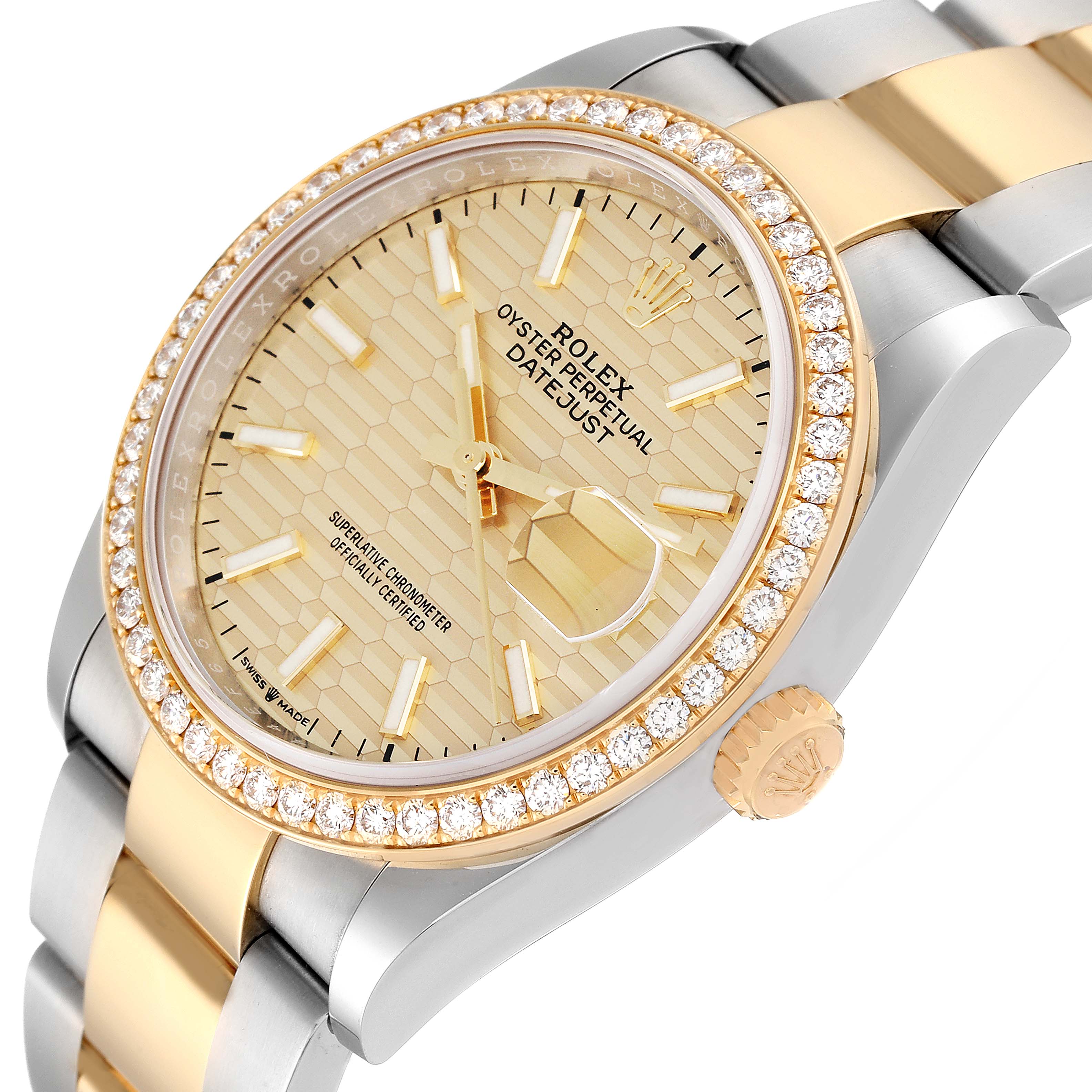 The image shows a close-up angled view of the dial and strap of a Rolex Datejust 126283 Men's Steel and Gold (two tone) Champagne Dial 126283 Men's Steel and Gold (two tone) Champagne Dial watch, highlighting its gold and silver design and diamond bezel.