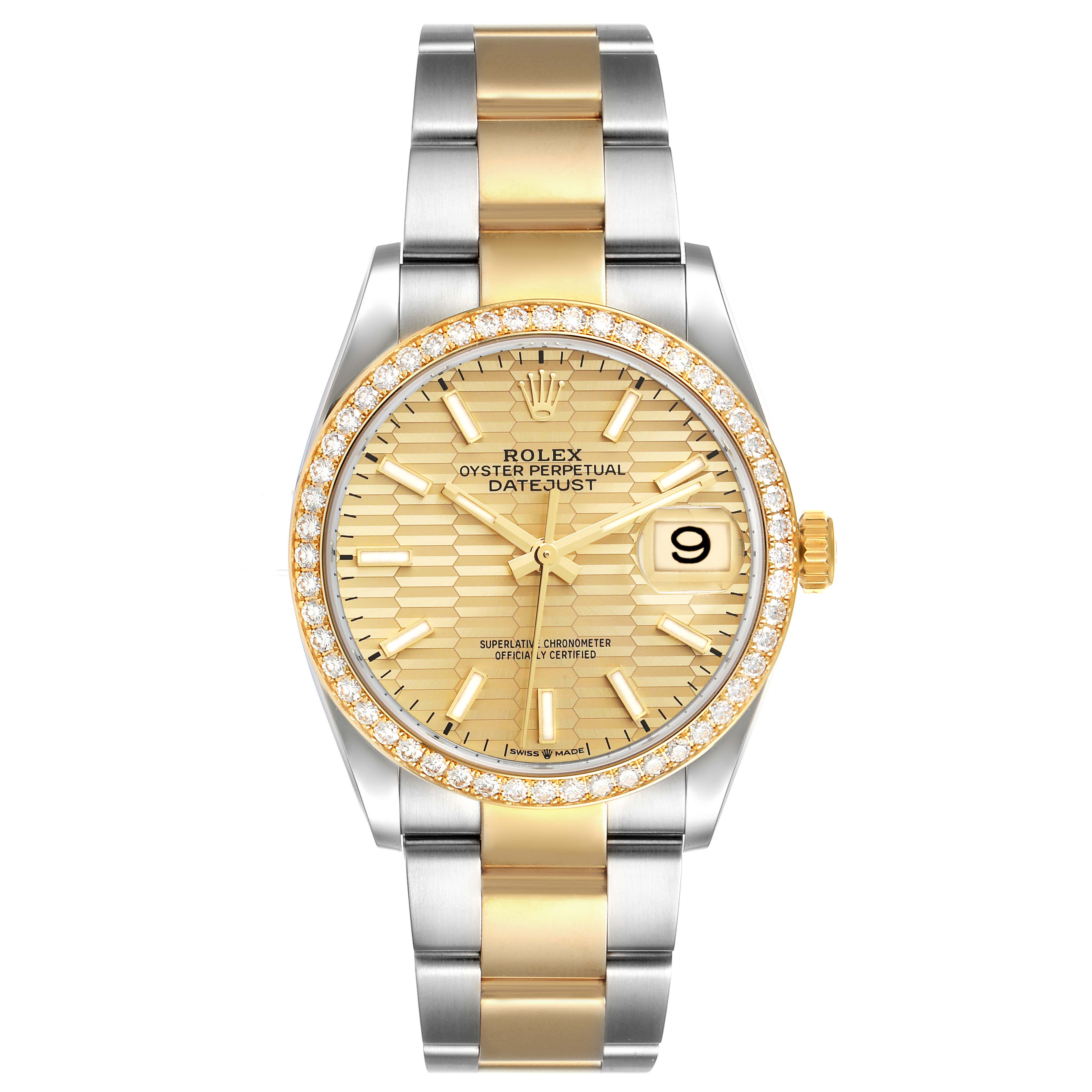 The image shows a Rolex Datejust 126283 Men's Steel and Gold (two tone) Champagne Dial 126283 Men's Steel and Gold (two tone) Champagne Dial watch from a front angle, highlighting the dial, bezel, and bracelet.