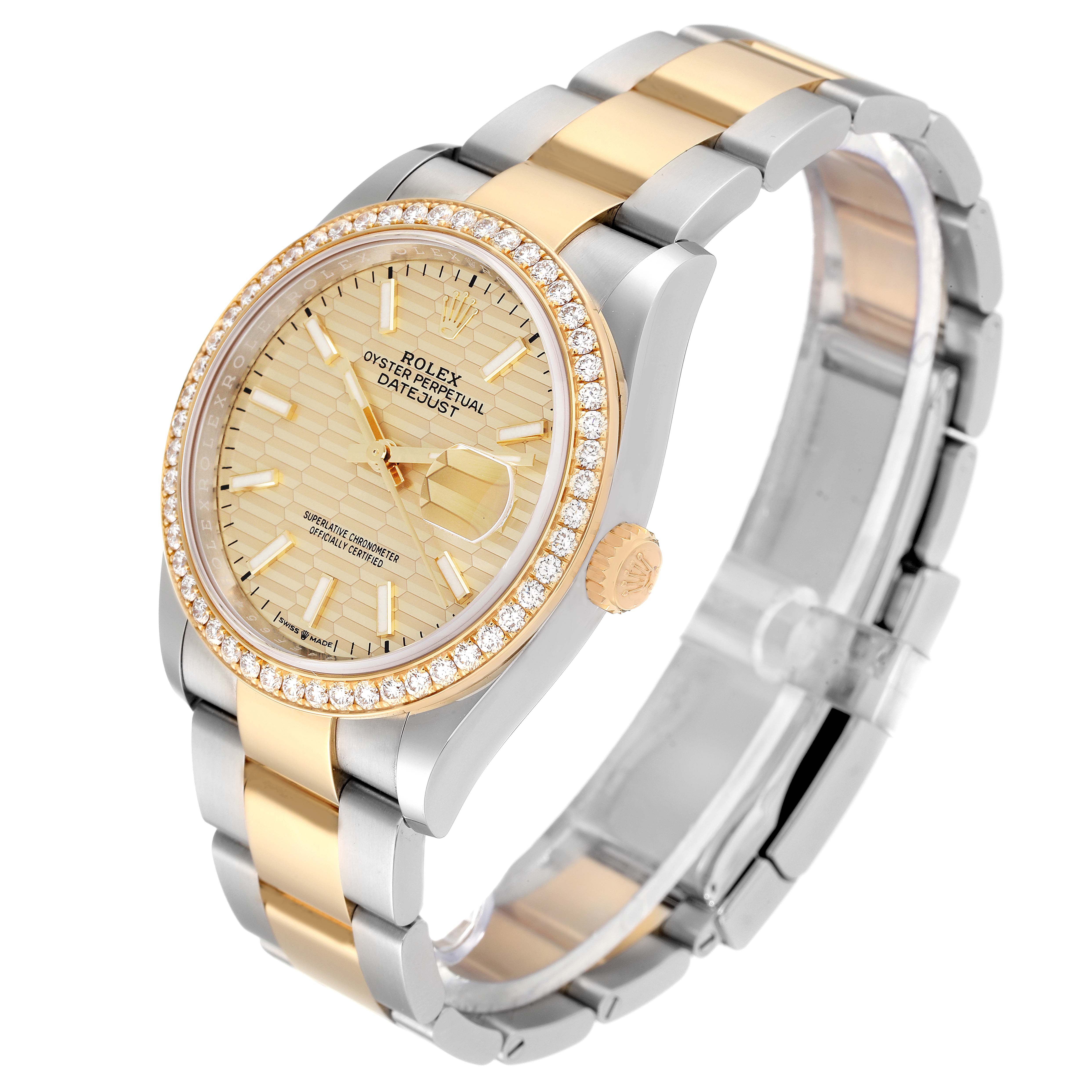 The Rolex Datejust 126283 Men's Steel and Gold (two tone) Champagne Dial 126283 Men's Steel and Gold (two tone) Champagne Dial watch is shown at a slight side angle, highlighting its two-tone bracelet, bezel with diamonds, dial, and crown.