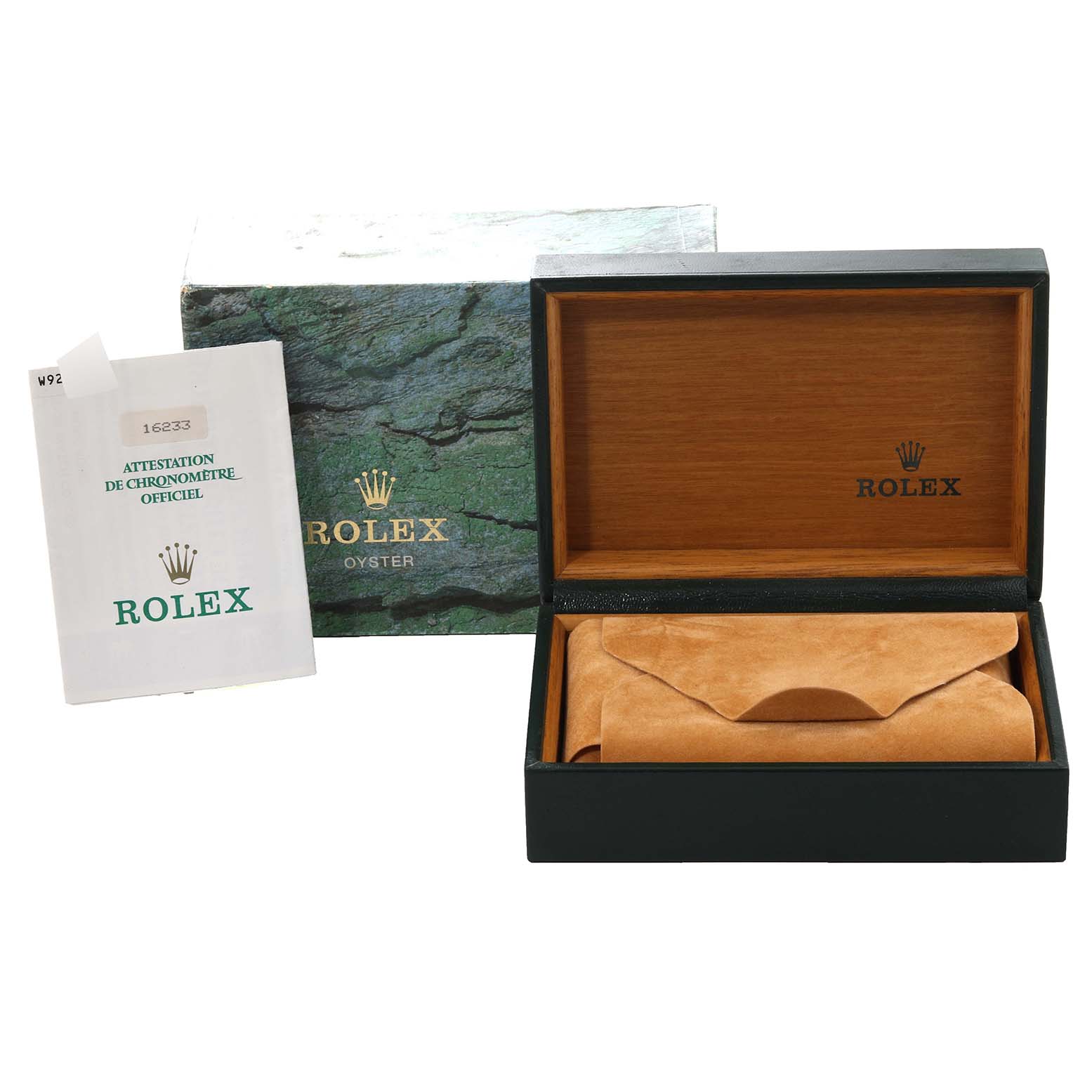 The image shows the packaging and warranty booklet of a Rolex Datejust 16233 Men's Steel and Gold (two tone) Silver Dial 16233 Men's Steel and Gold (two tone) Silver Dial model, with an open box revealing its interior.