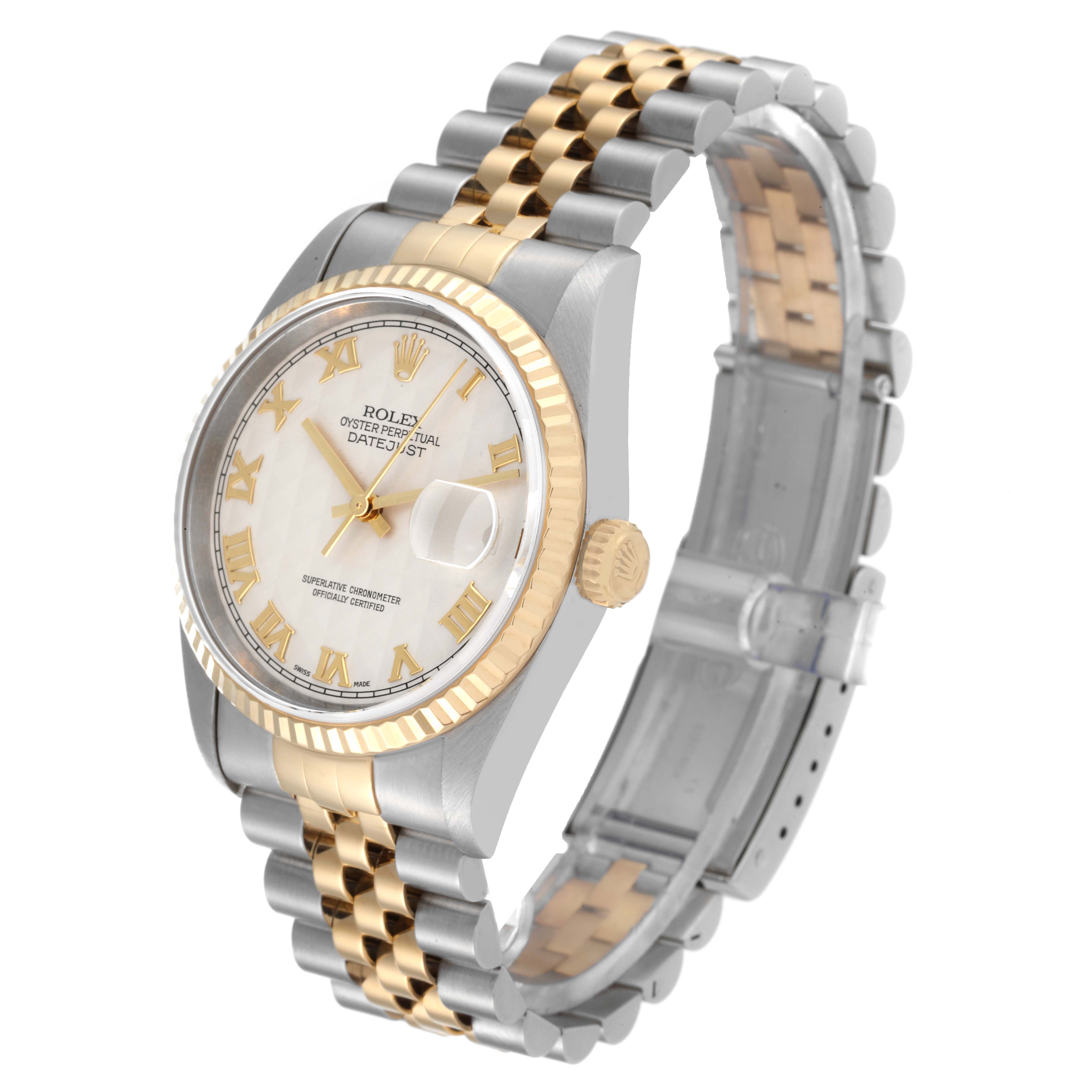 The image shows a Rolex Datejust 16233 Men's Steel and Gold (two tone) Silver Dial 16233 Men's Steel and Gold (two tone) Silver Dial watch from a three-quarter angle, highlighting its dial, bezel, crown, and Jubilee bracelet.