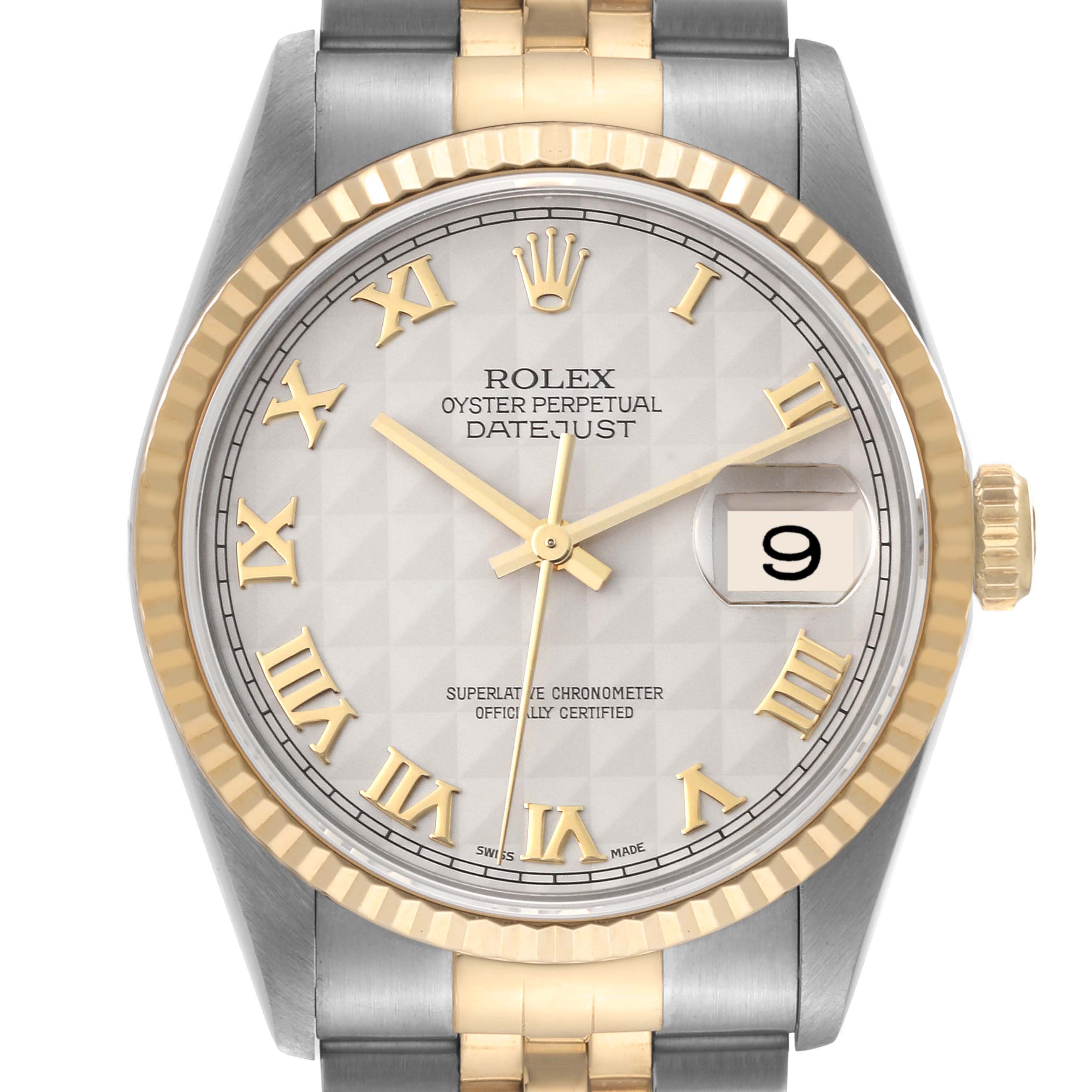 Rolex Datejust Steel Yellow Gold Pyramid Dial Mens Watch 16233 Box Papers