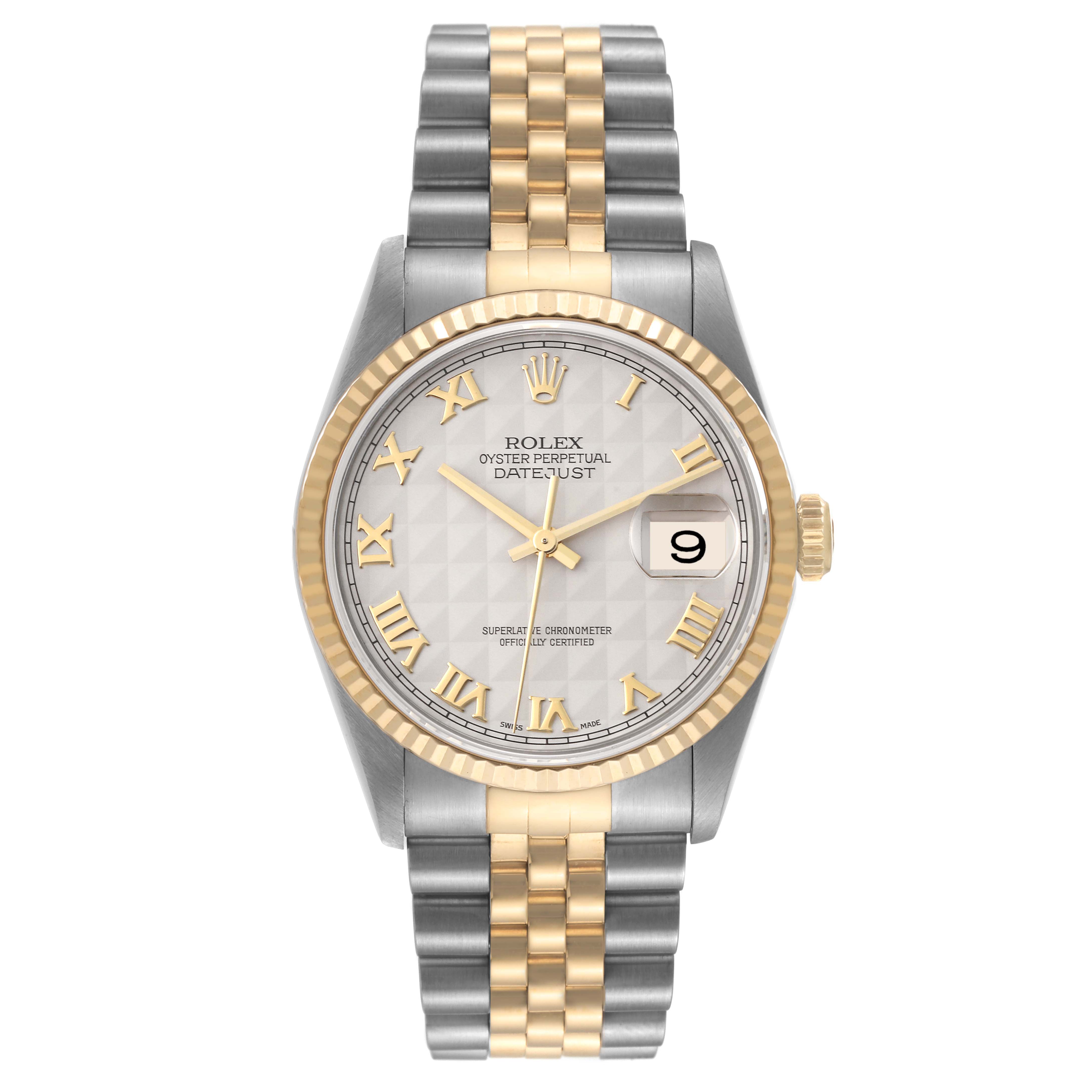 The Rolex Datejust 16233 Men's Steel and Gold (two tone) Silver Dial 16233 Men's Steel and Gold (two tone) Silver Dial watch is shown from a front angle, featuring its face, bezel, crown, and bracelet.