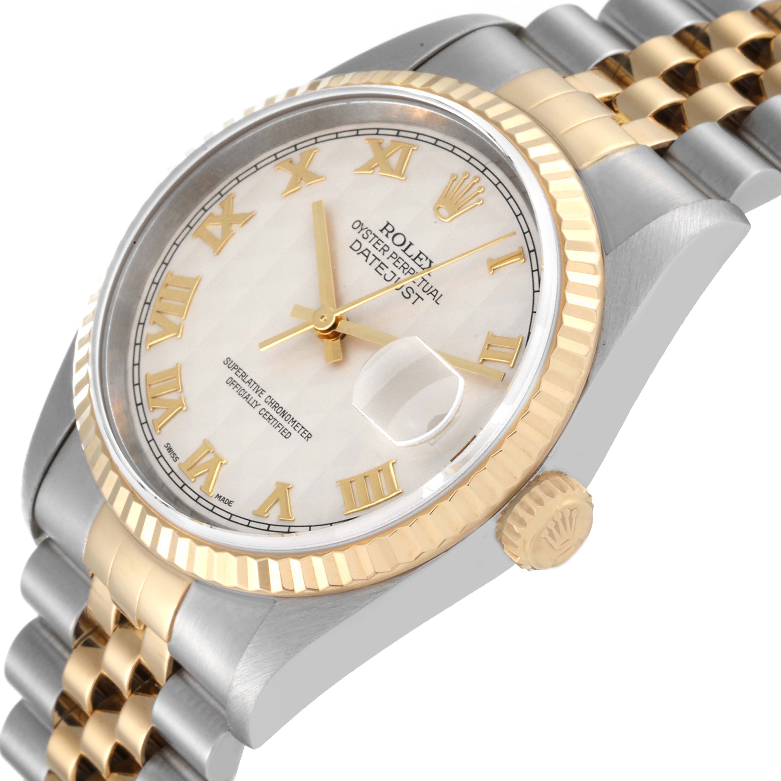 The Rolex Datejust 16233 Men's Steel and Gold (two tone) Silver Dial 16233 Men's Steel and Gold (two tone) Silver Dial watch is shown at a slight angle highlighting the face, crown, and bracelet.