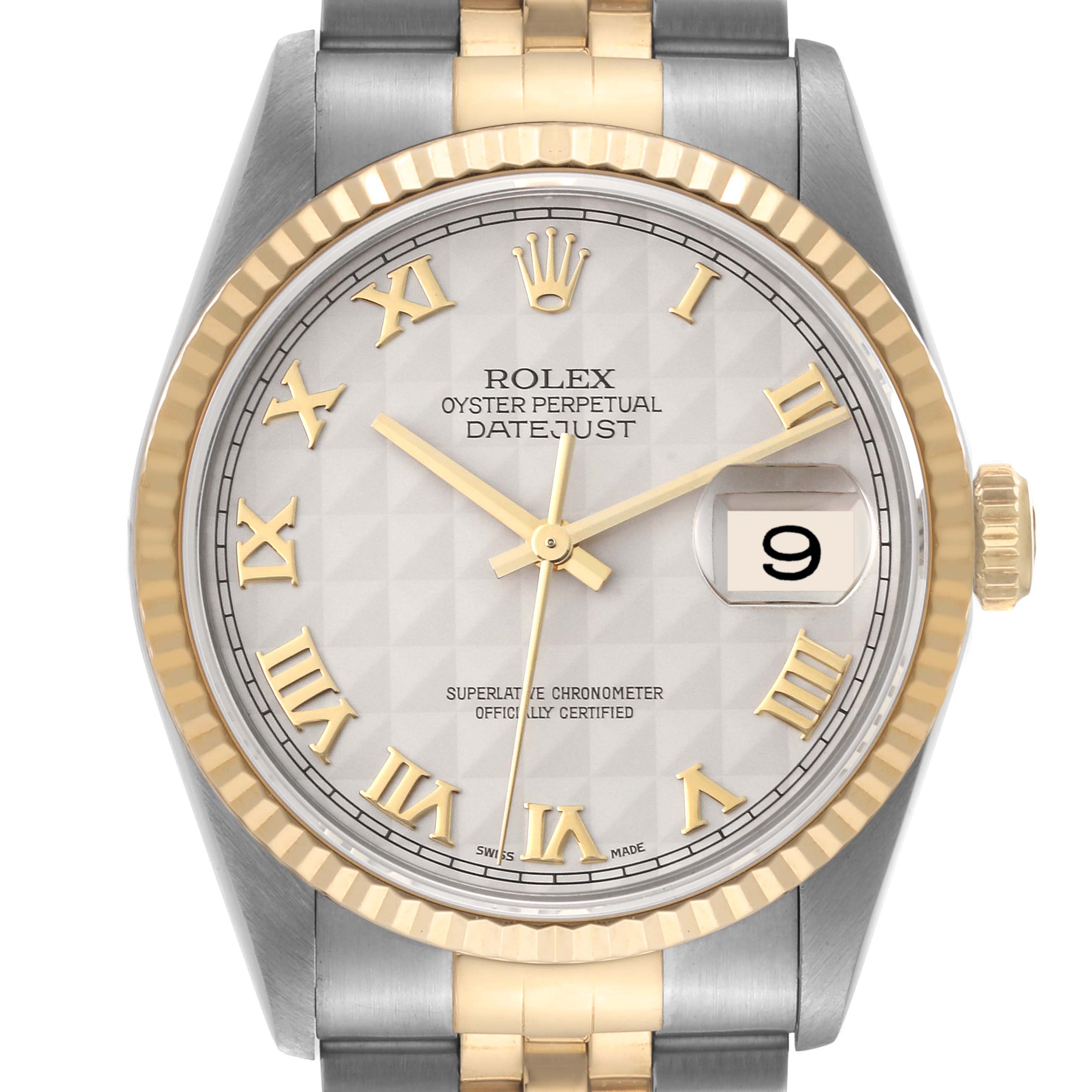 This image shows a frontal view of the Rolex Datejust 16233 Men's Steel and Gold (two tone) Silver Dial 16233 Men's Steel and Gold (two tone) Silver Dial model, highlighting its dial, bezel, crown, and part of its two-tone bracelet.