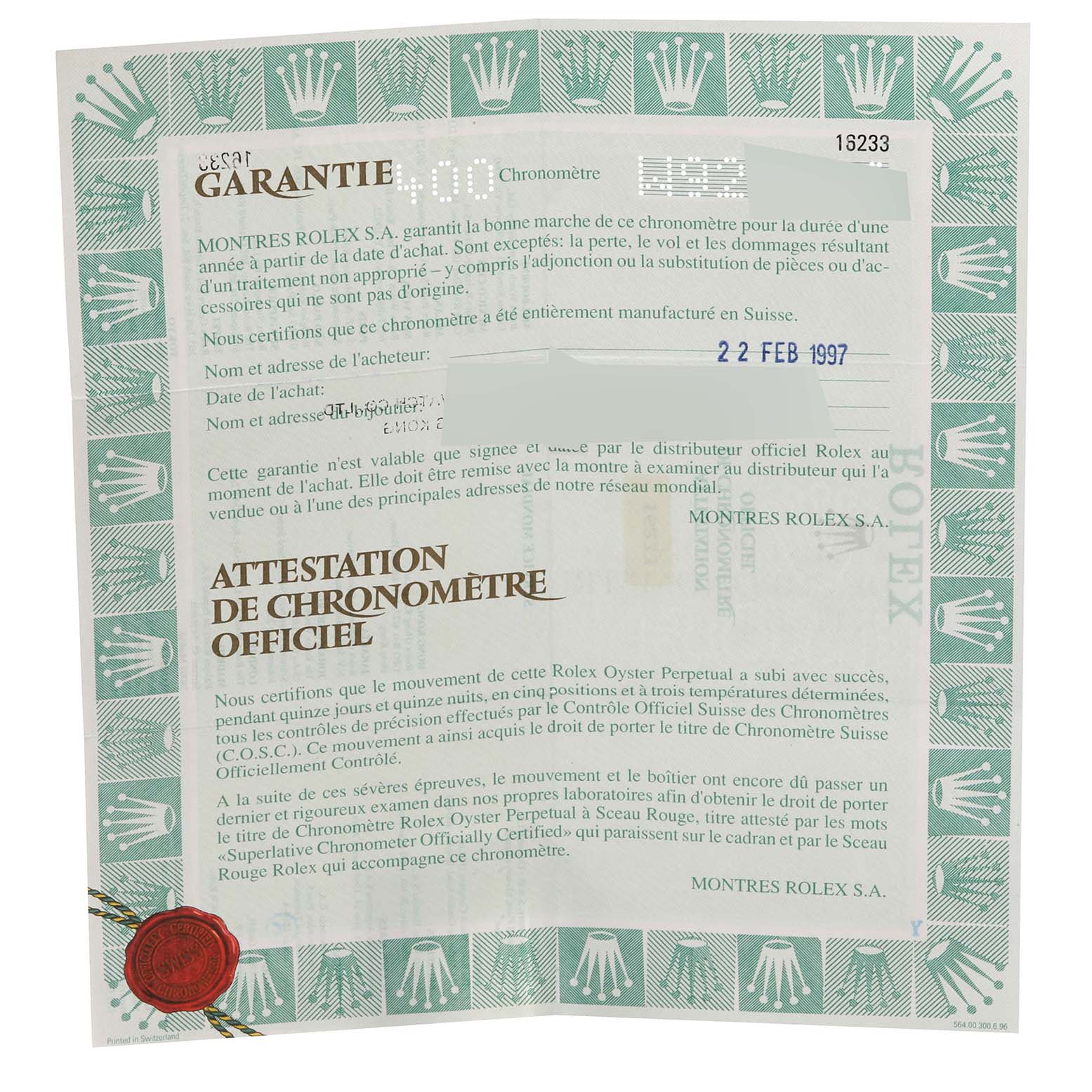 This image shows a guarantee certificate for the Rolex Datejust 16233 Men's Steel and Gold (two tone) Silver Dial 16233 Men's Steel and Gold (two tone) Silver Dial watch, displaying details in French and the official Chronometer certification.
