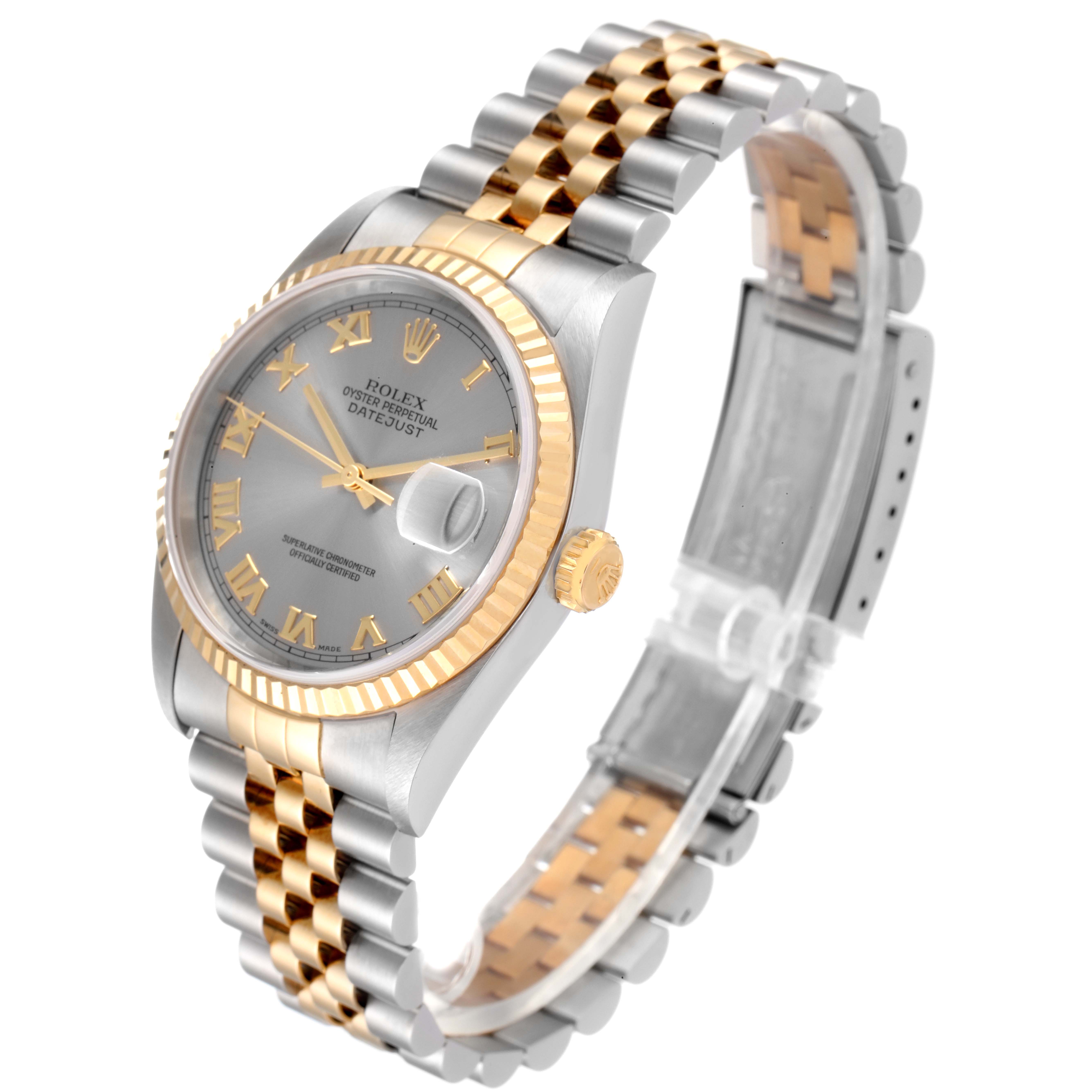 The image shows a Rolex Datejust 16233 Men
s Steel and Gold (two tone) Grey Dial 16233 Men
s Steel and Gold (two tone) Grey Dial watch at an oblique angle, highlighting its dial, bezel, and two-tone bracelet.