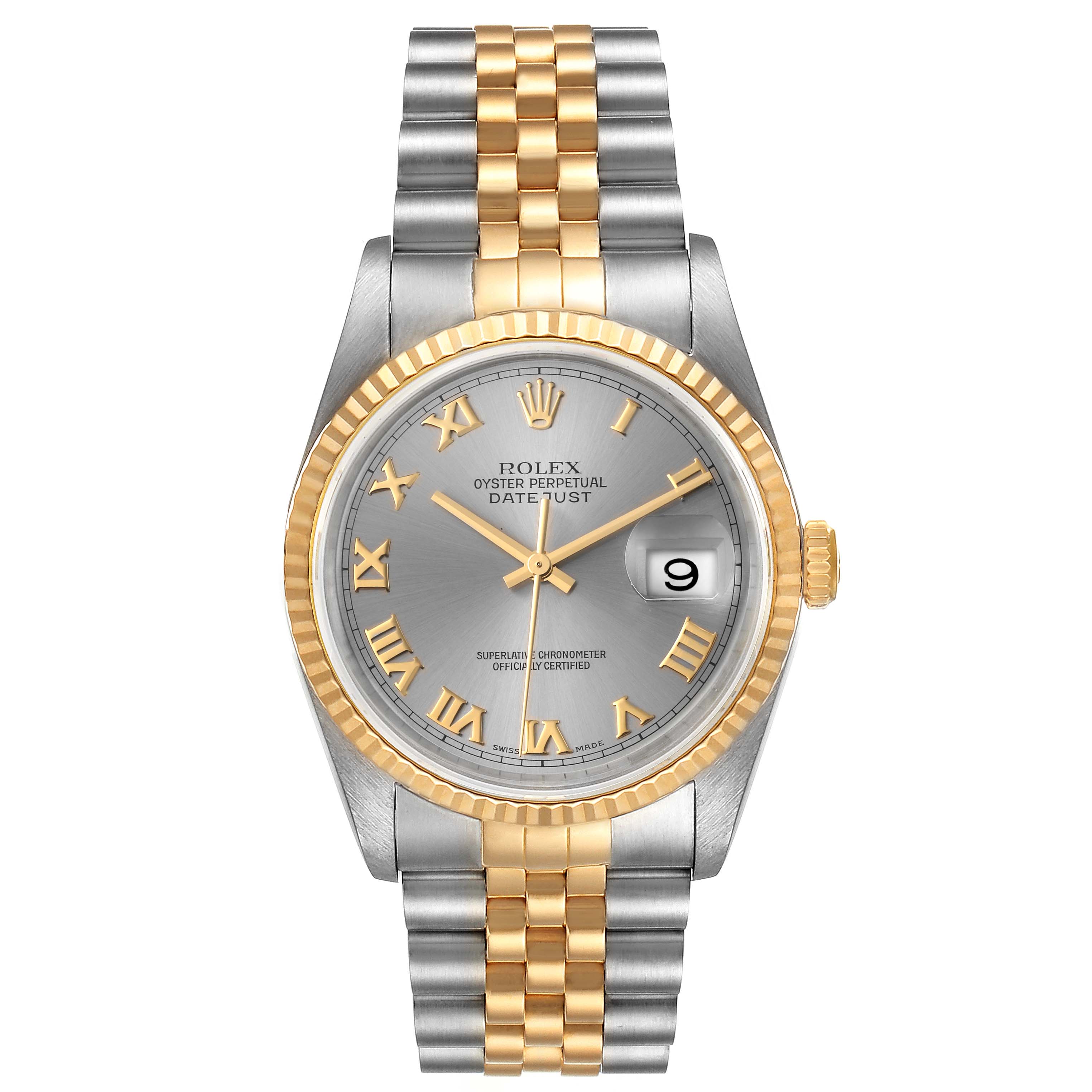 This Datejust model Rolex watch is shown from a front view, displaying its dial, fluted bezel, and two-tone bracelet.