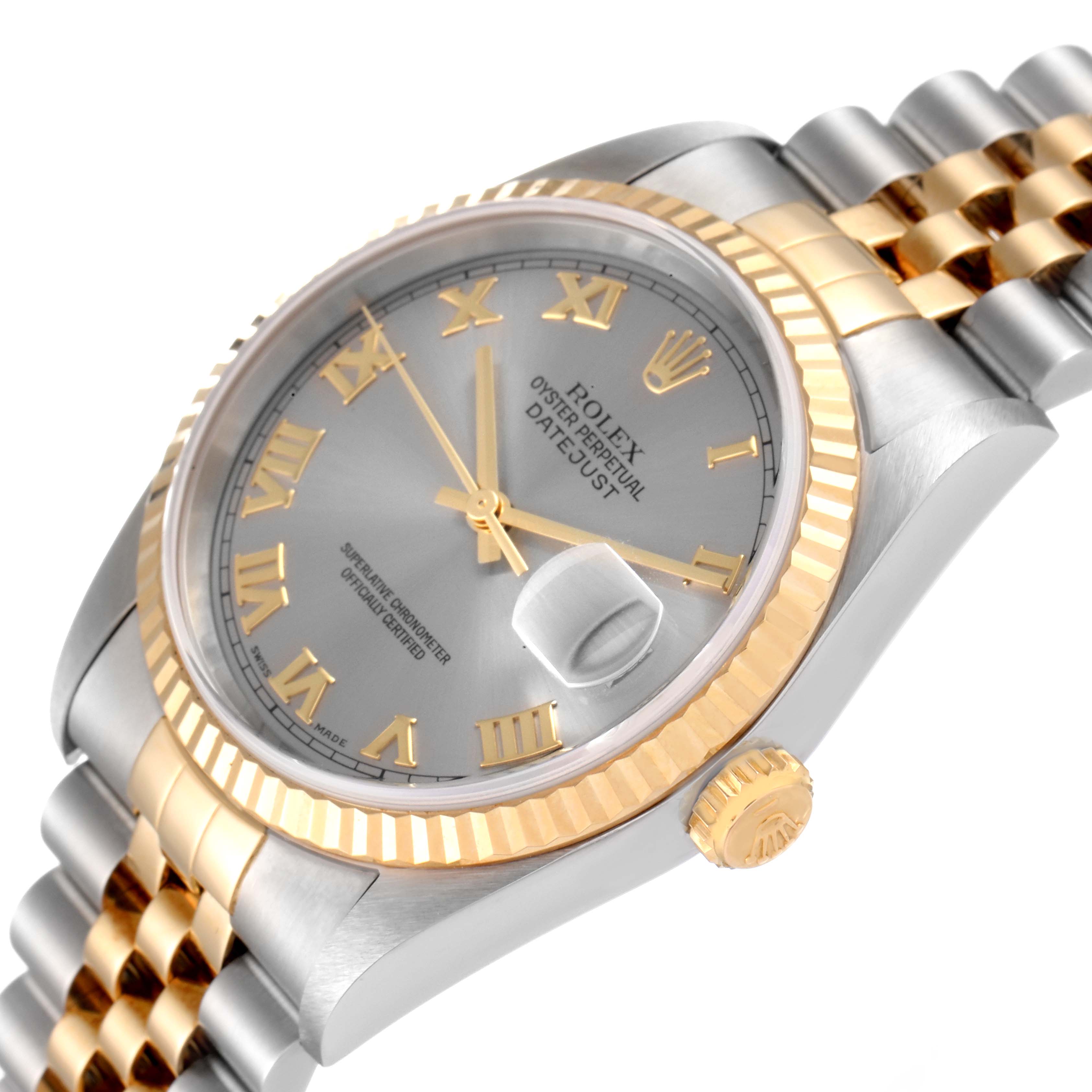 The image shows a close-up angled view of a Rolex Datejust 16233 Men
s Steel and Gold (two tone) Grey Dial 16233 Men
s Steel and Gold (two tone) Grey Dial, highlighting its dial, bezel, crown, and Jubilee bracelet.