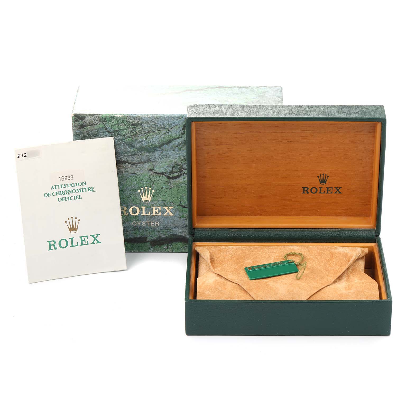 The image shows an open Rolex Datejust 16233 Men
s Steel and Gold (two tone) Grey Dial 16233 Men
s Steel and Gold (two tone) Grey Dial watch box, Best Quality
ation papers, and tags.