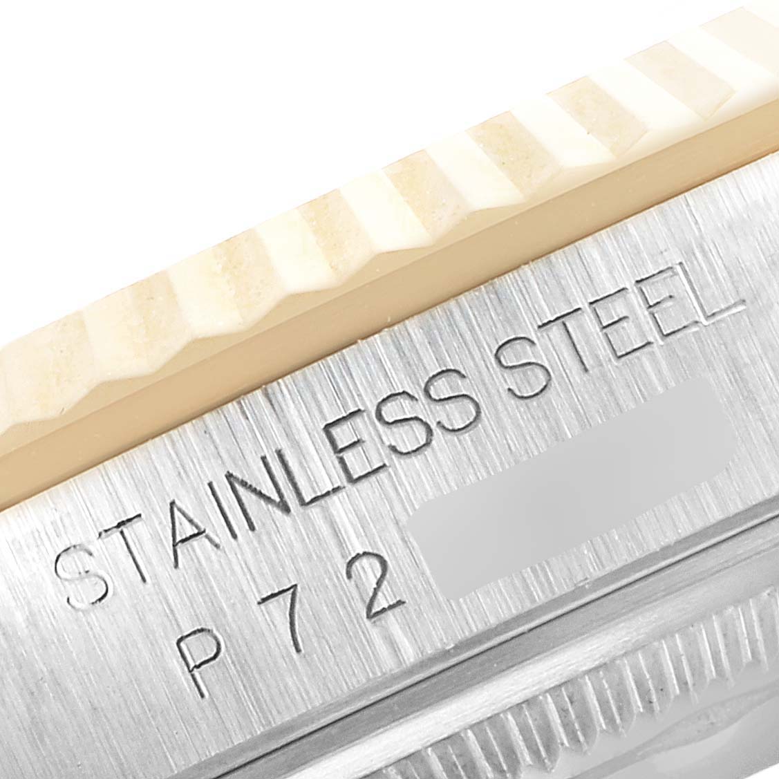 The image shows a close-up of the case and bezel with “STAINLESS STEEL” engraving on a Rolex Datejust 16233 Men
s Steel and Gold (two tone) Grey Dial 16233 Men
s Steel and Gold (two tone) Grey Dial watch.