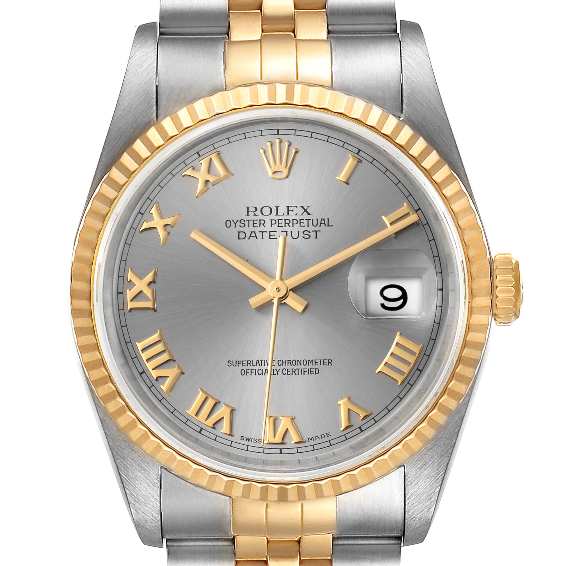 This image shows the front view of a Rolex Datejust 16233 Men
s Steel and Gold (two tone) Grey Dial 16233 Men
s Steel and Gold (two tone) Grey Dial watch featuring its dial, bezel, crown, and two-tone bracelet.