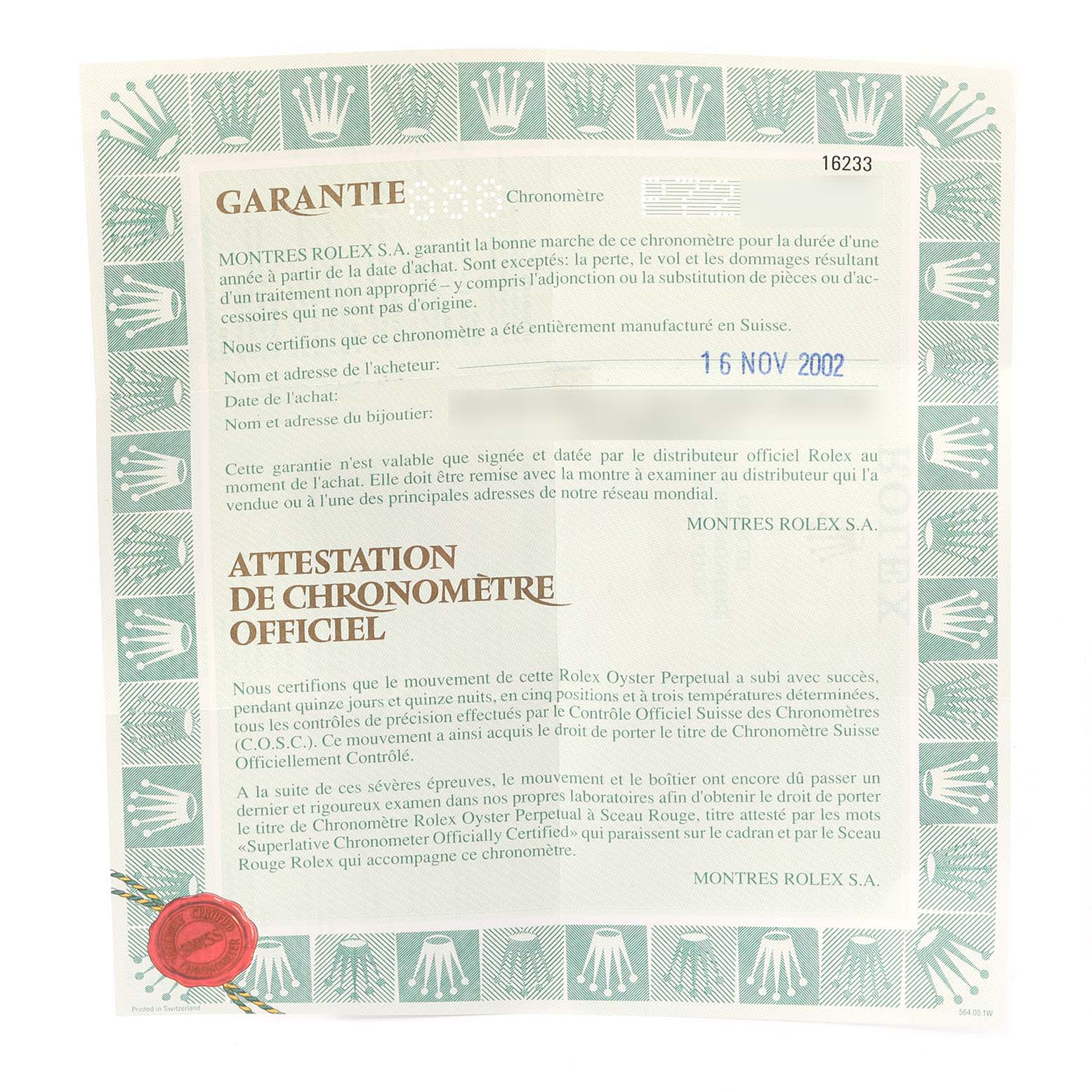 This image shows a warranty and chronometer certificate for a Rolex Datejust 16233 Men
s Steel and Gold (two tone) Grey Dial 16233 Men
s Steel and Gold (two tone) Grey Dial model, dated November 16, 2002.