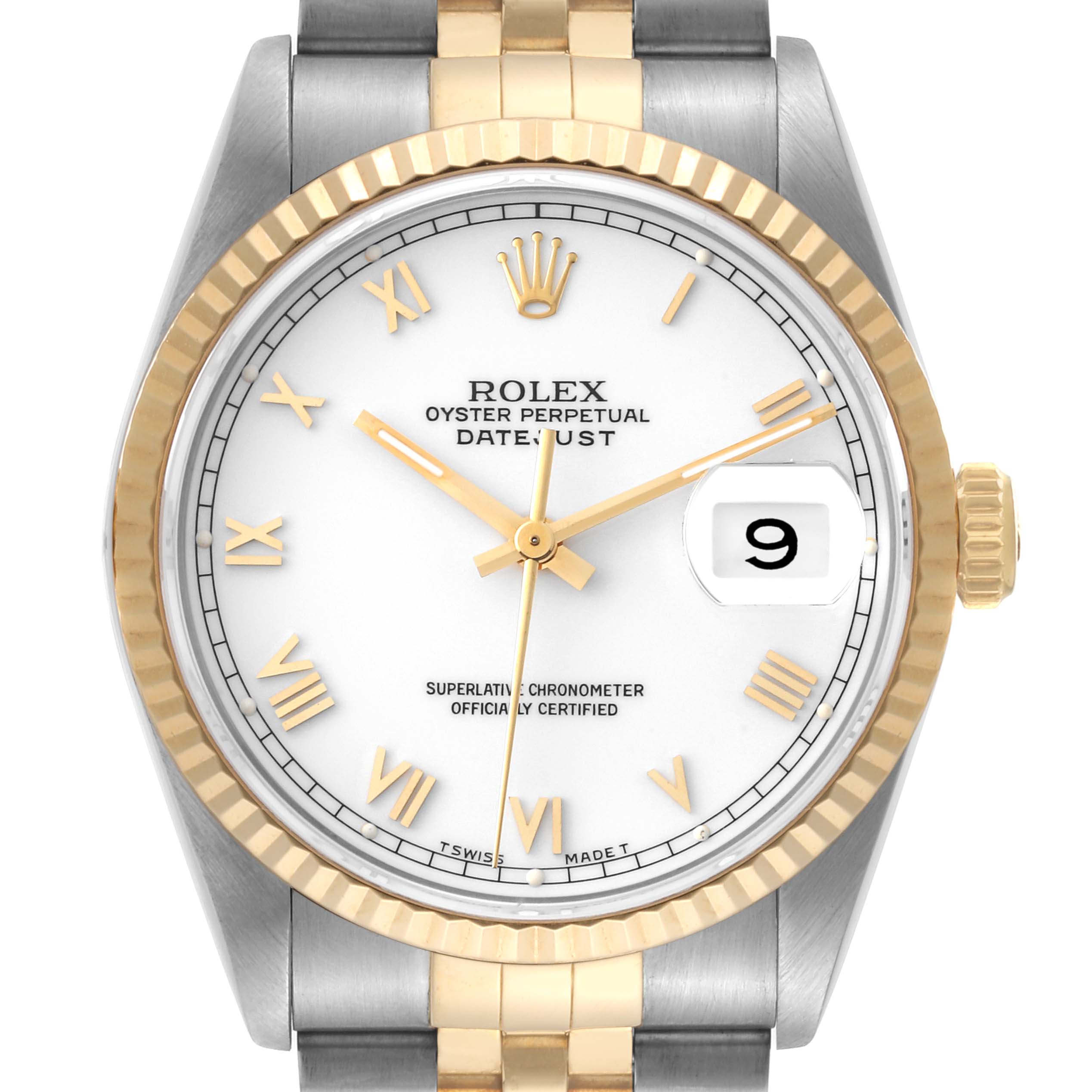 This Rolex Datejust 16233 Men's Steel and Gold (two tone) White Dial 16233 Men's Steel and Gold (two tone) White Dial watch is shown from the front, displaying the dial, bezel, and part of the band.
