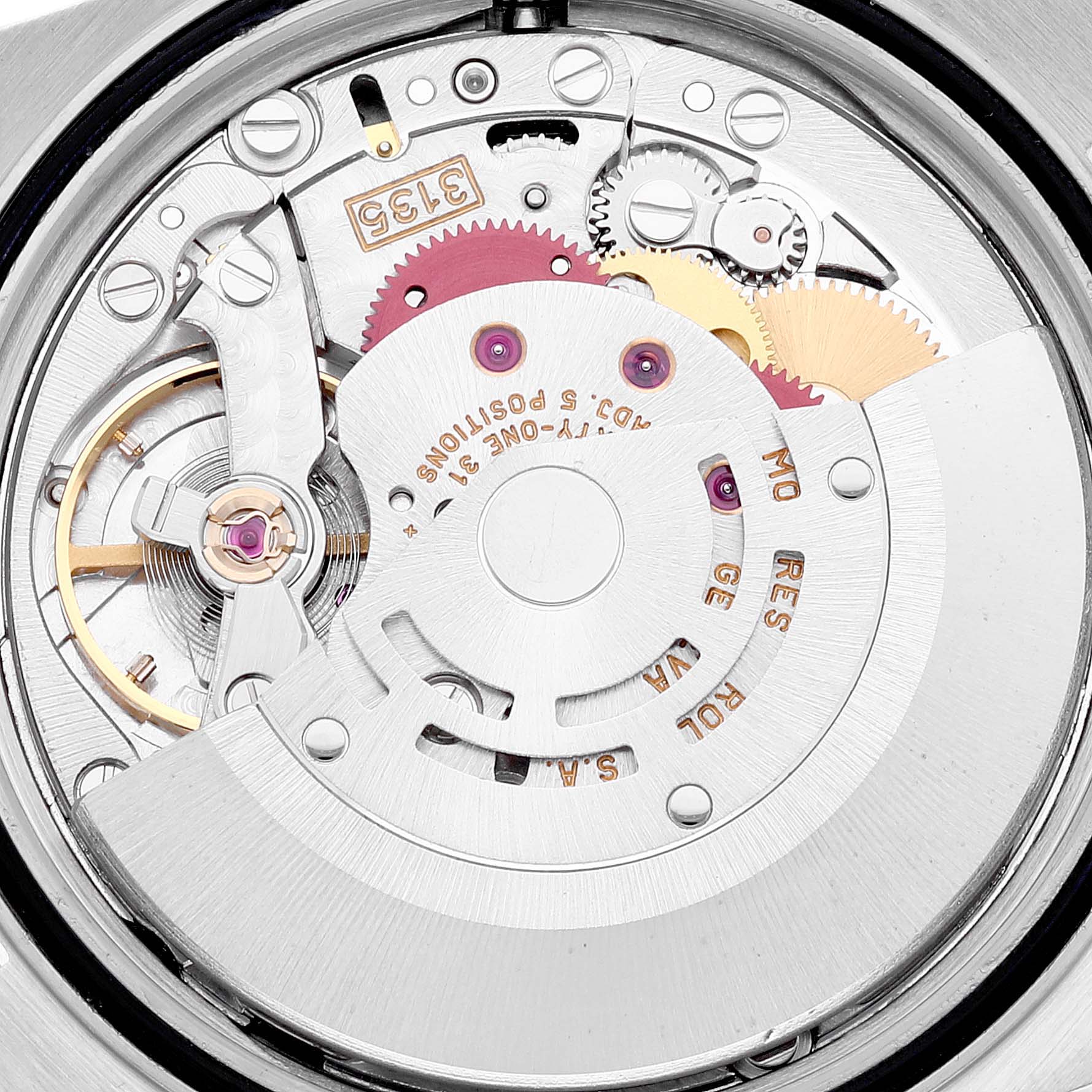 This image shows a close-up view of the movement and internal mechanics of a Rolex Datejust 16233 Men's Steel and Gold (two tone) White Dial 16233 Men's Steel and Gold (two tone) White Dial watch.