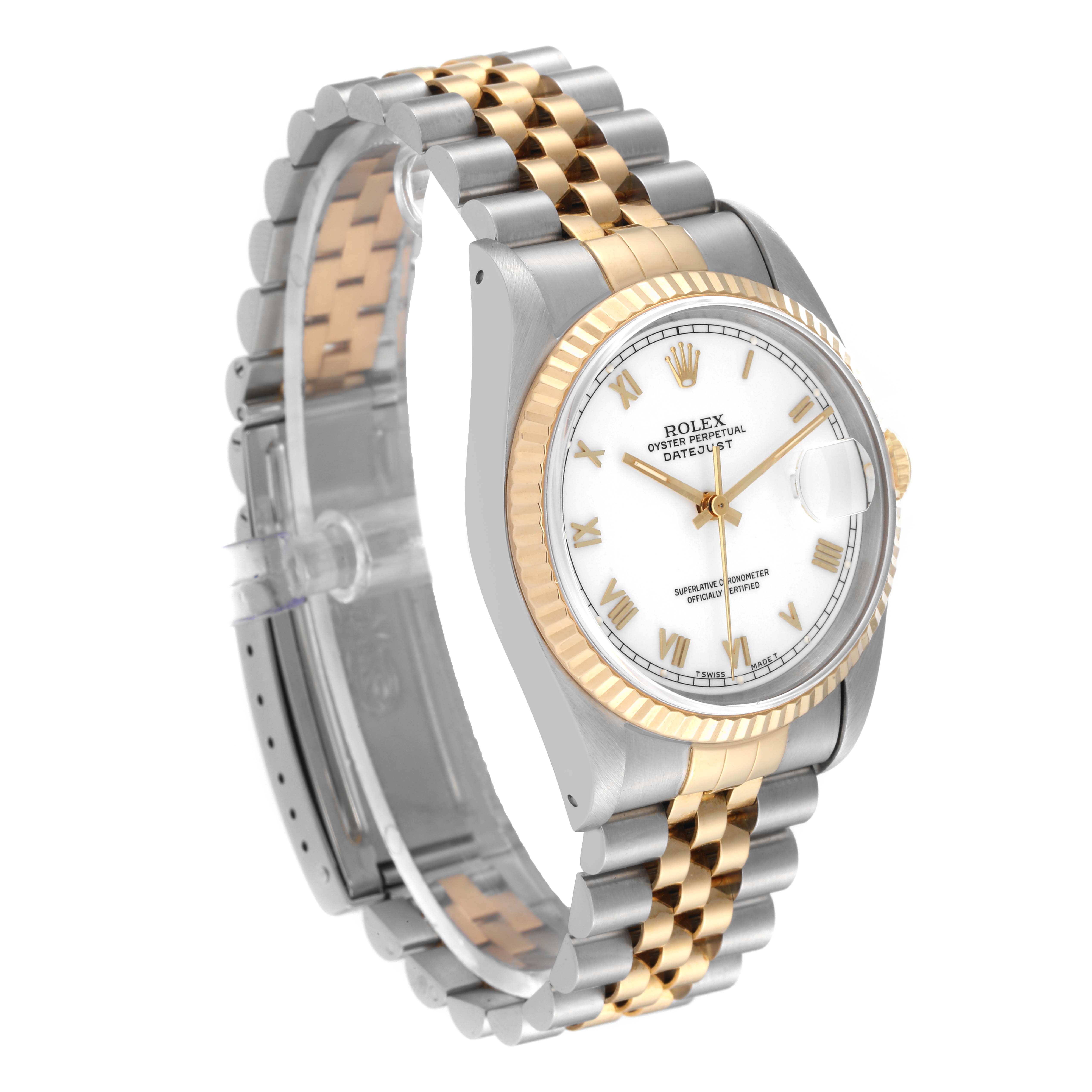 The image shows a Rolex Datejust 16233 Men's Steel and Gold (two tone) White Dial 16233 Men's Steel and Gold (two tone) White Dial watch at an angle highlighting its gold and silver bracelet, fluted bezel, and white dial with Roman numerals.