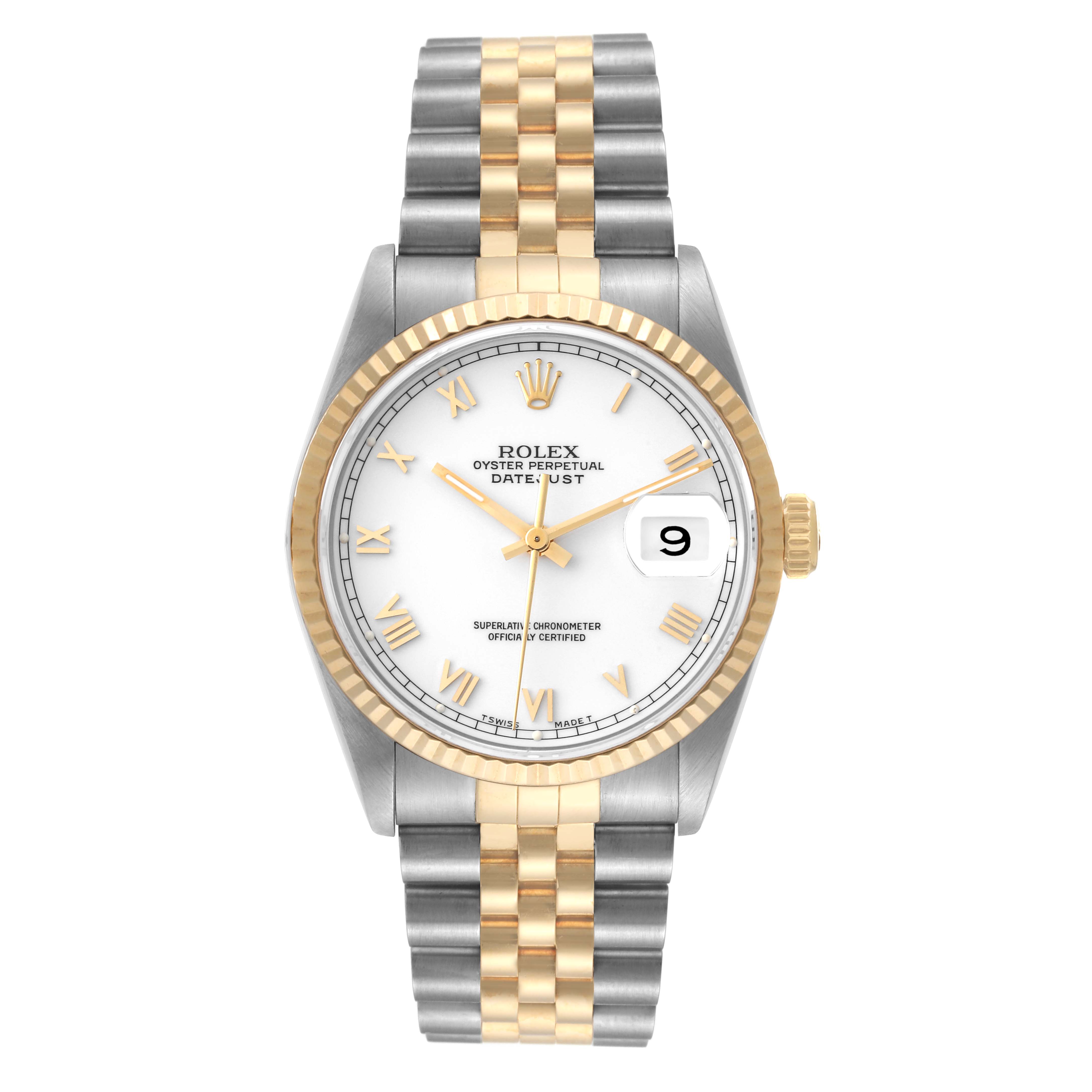 The Rolex Datejust 16233 Men's Steel and Gold (two tone) White Dial 16233 Men's Steel and Gold (two tone) White Dial watch is shown from a front angle, displaying the dial, bezel, and bracelet.