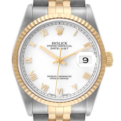 Photo of Rolex Datejust Steel Yellow Gold White Roman Dial Mens Watch 16233 Box Papers