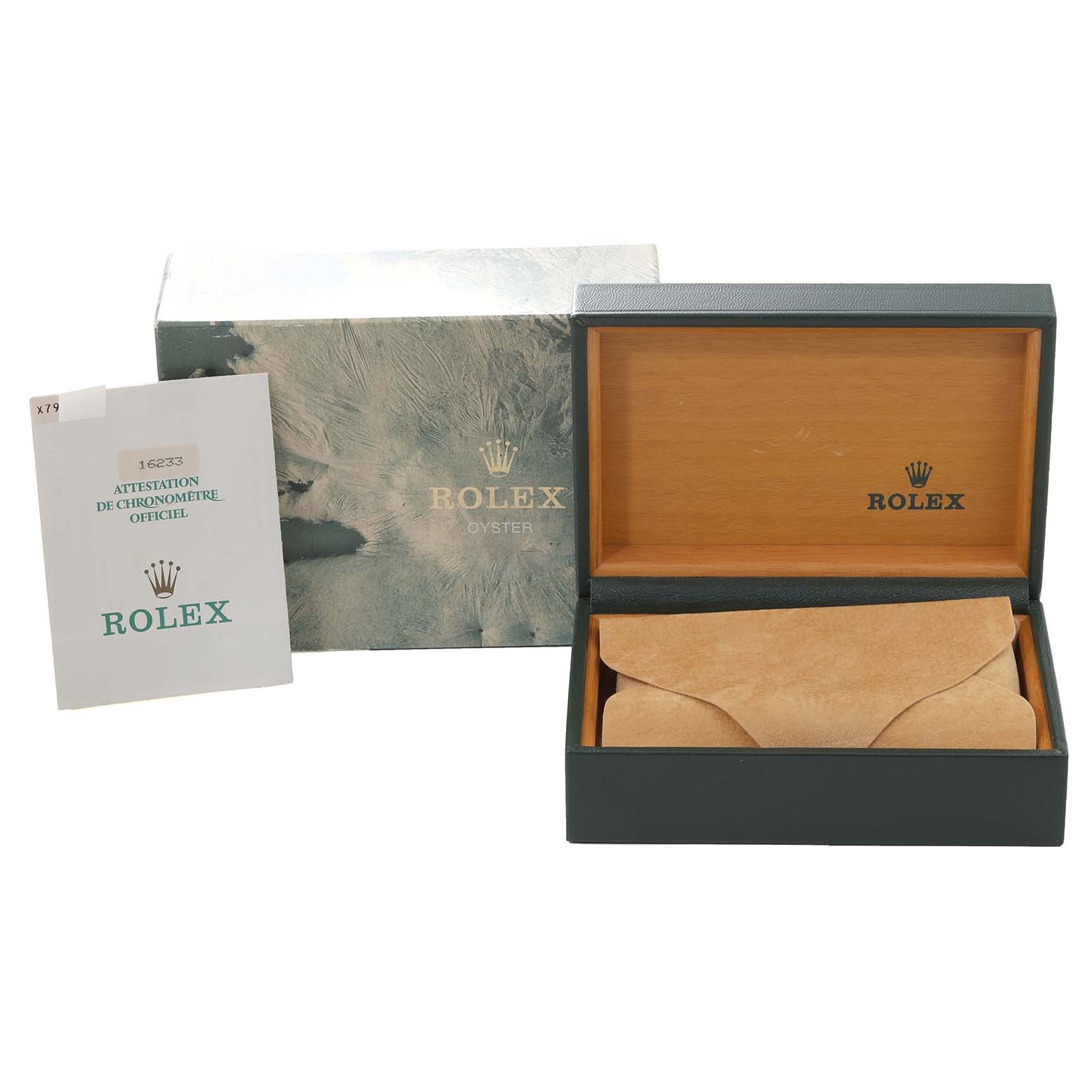 The image shows the packaging and official documentation for a Rolex Datejust 16233 Men's Steel and Gold (two tone) White Dial 16233 Men's Steel and Gold (two tone) White Dial watch.