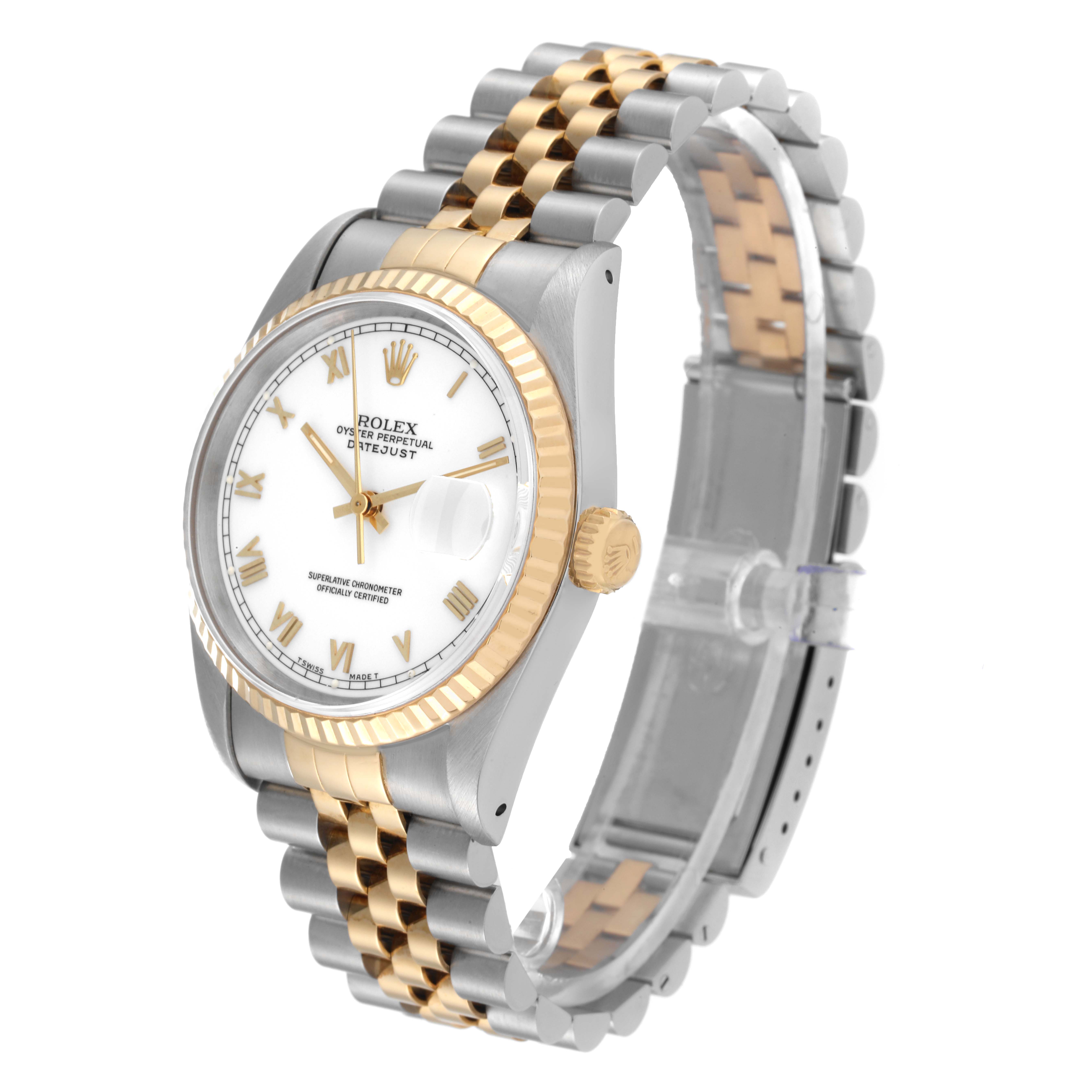The image shows a side angle of a Rolex Datejust 16233 Men's Steel and Gold (two tone) White Dial 16233 Men's Steel and Gold (two tone) White Dial watch highlighting its dial, bezel, crown, and two-tone bracelet.