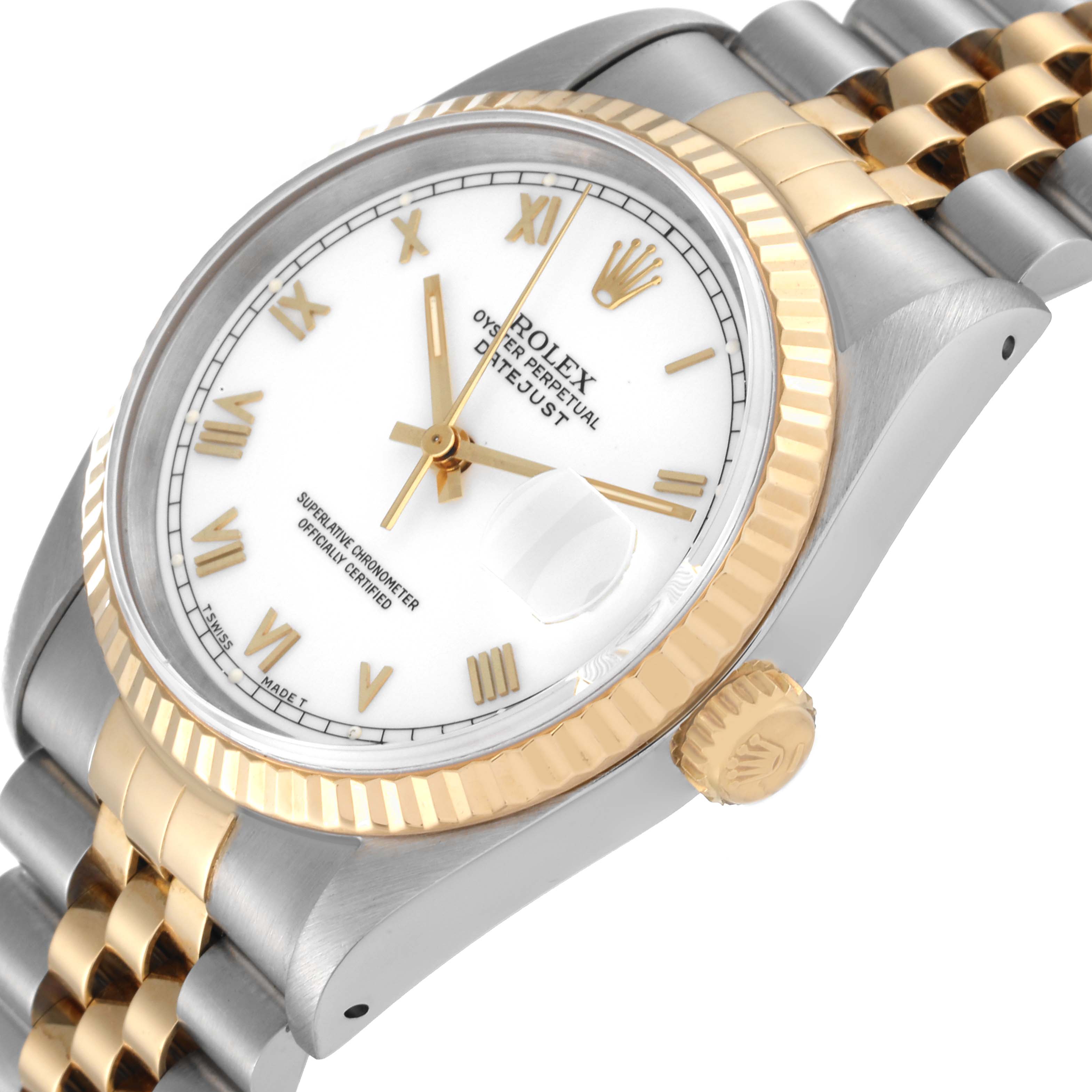 The Rolex Datejust 16233 Men's Steel and Gold (two tone) White Dial 16233 Men's Steel and Gold (two tone) White Dial watch is shown at a slight side angle, highlighting the face, fluted bezel, and the jubilee bracelet.