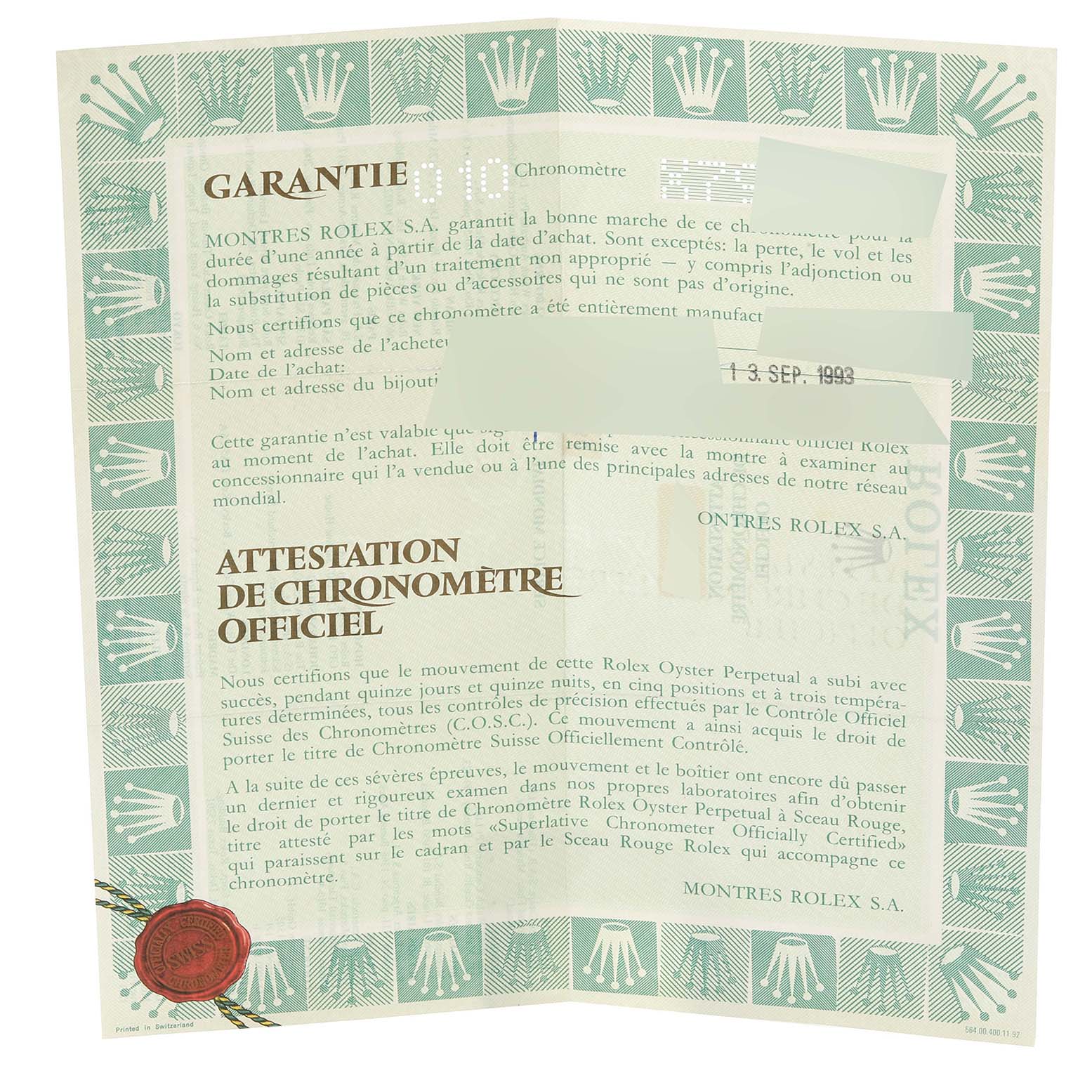 The image shows a warranty certificate for the Rolex Datejust 16233 Men's Steel and Gold (two tone) White Dial 16233 Men's Steel and Gold (two tone) White Dial watch model.