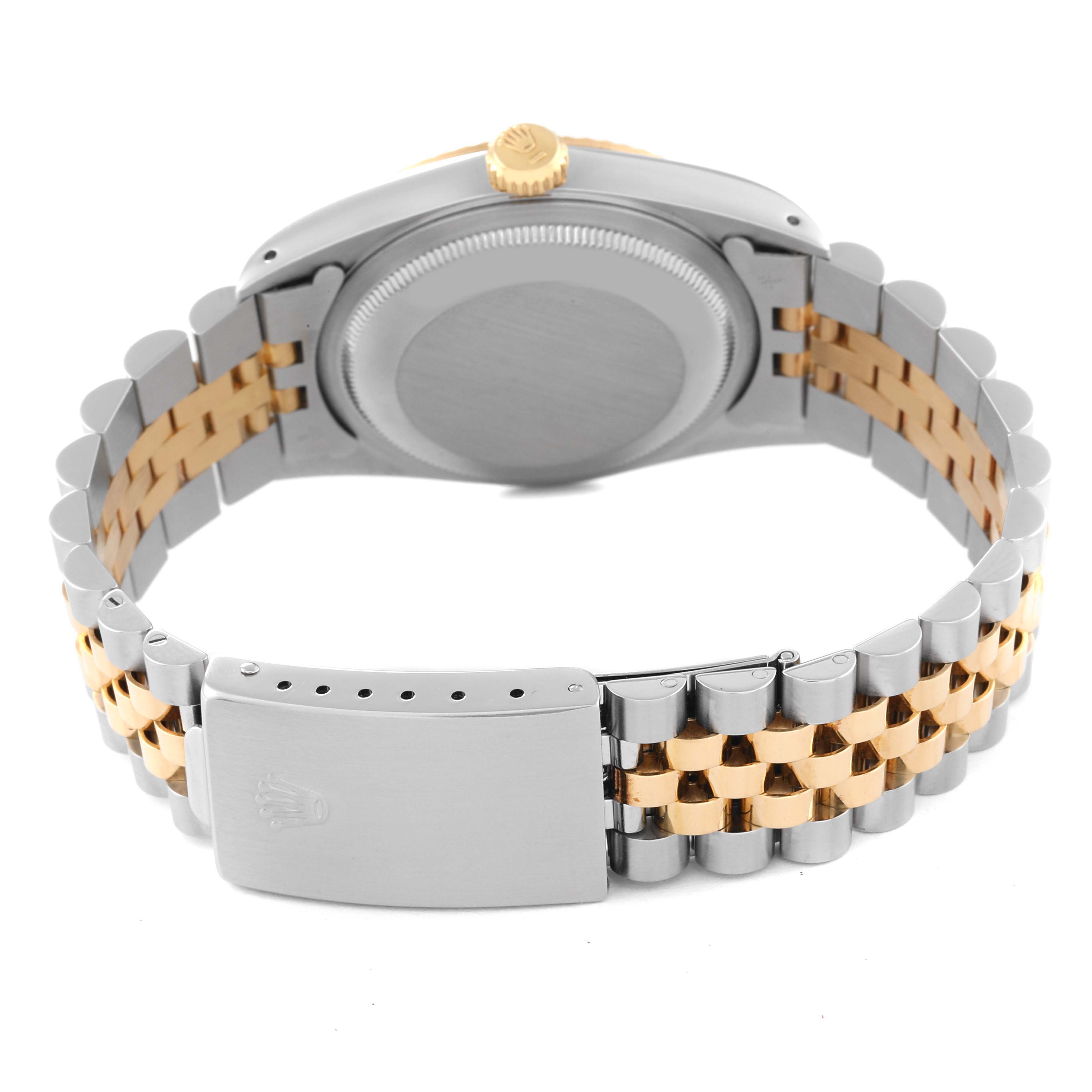 The image shows the back case and bracelet of a Rolex Datejust 16233 Men's Steel and Gold (two tone) White Dial 16233 Men's Steel and Gold (two tone) White Dial watch in a two-tone metal finish.