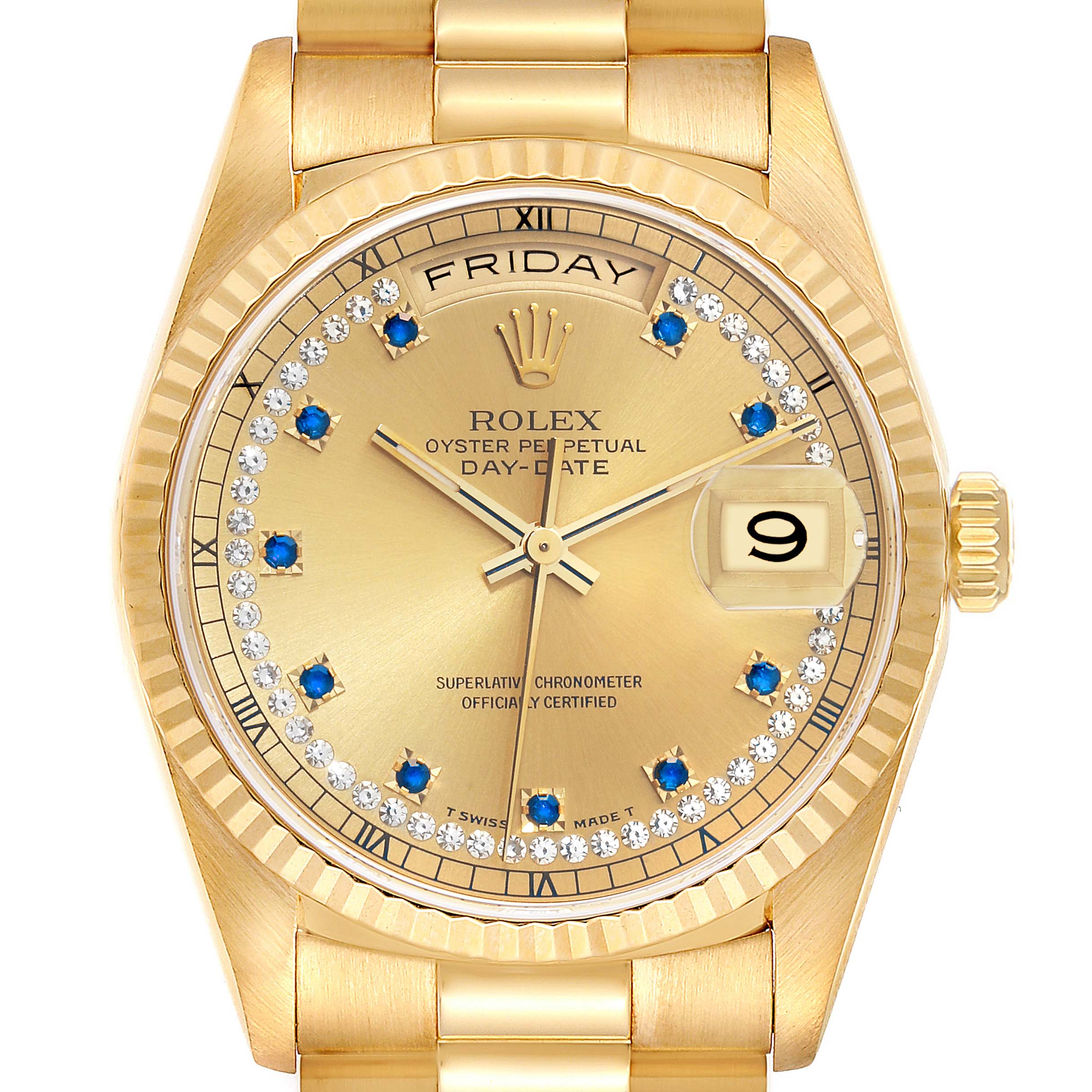 This image shows a frontal view of the Rolex President 18238 Men's Yellow Gold Champagne Dial 18238 Men's Yellow Gold Champagne Dial Day-Date watch, featuring its gold bracelet, dial, and bezels with diamond and sapphire markers.