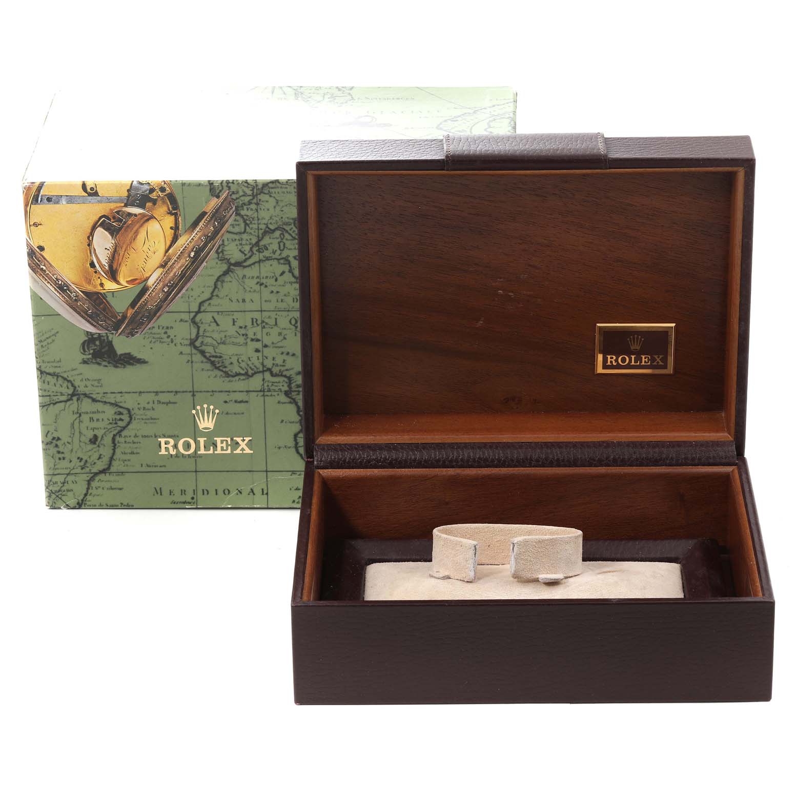 This image shows the packaging and wooden box of a Rolex President 18238 Men's Yellow Gold Champagne Dial 18238 Men's Yellow Gold Champagne Dial model watch, with the watch absent from the box.