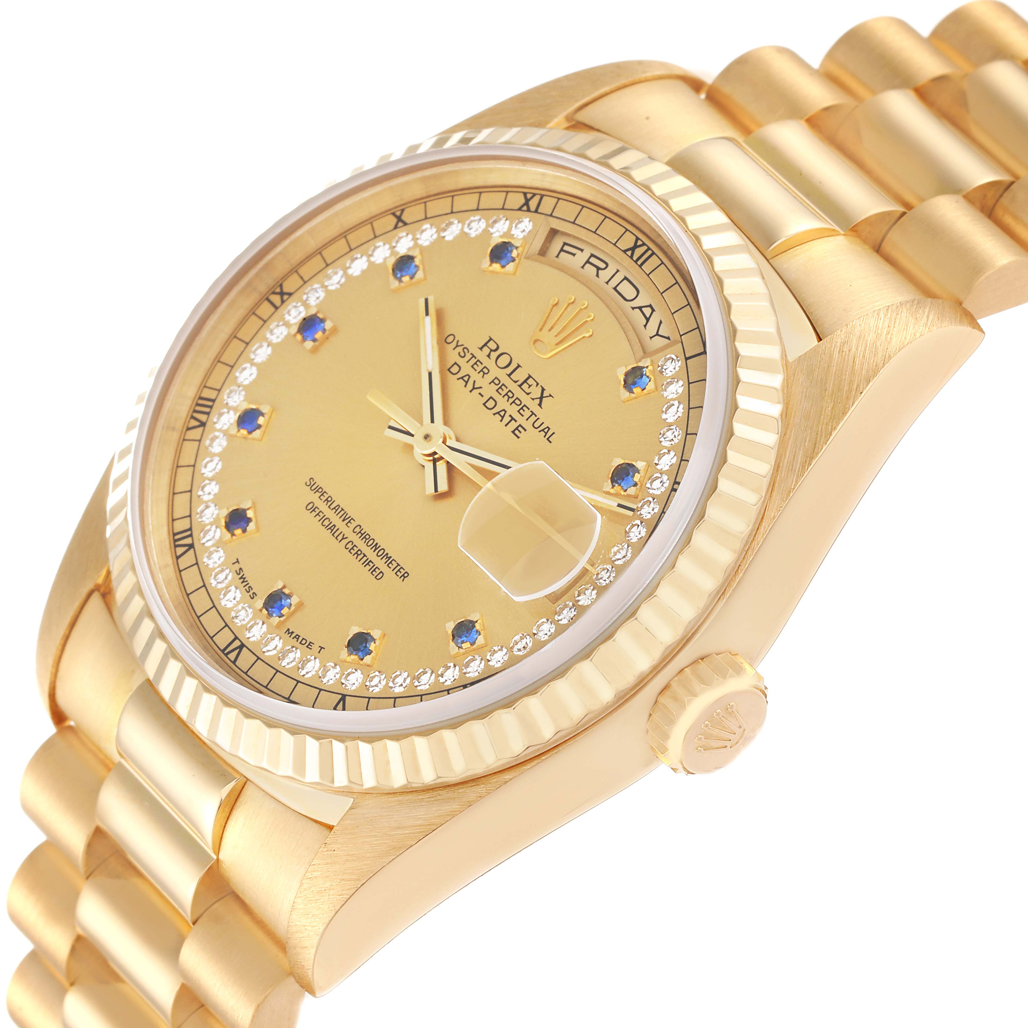 The image shows a close-up angled view of the Rolex President 18238 Men's Yellow Gold Champagne Dial 18238 Men's Yellow Gold Champagne Dial watch model, highlighting the dial, bezel, and bracelet.
