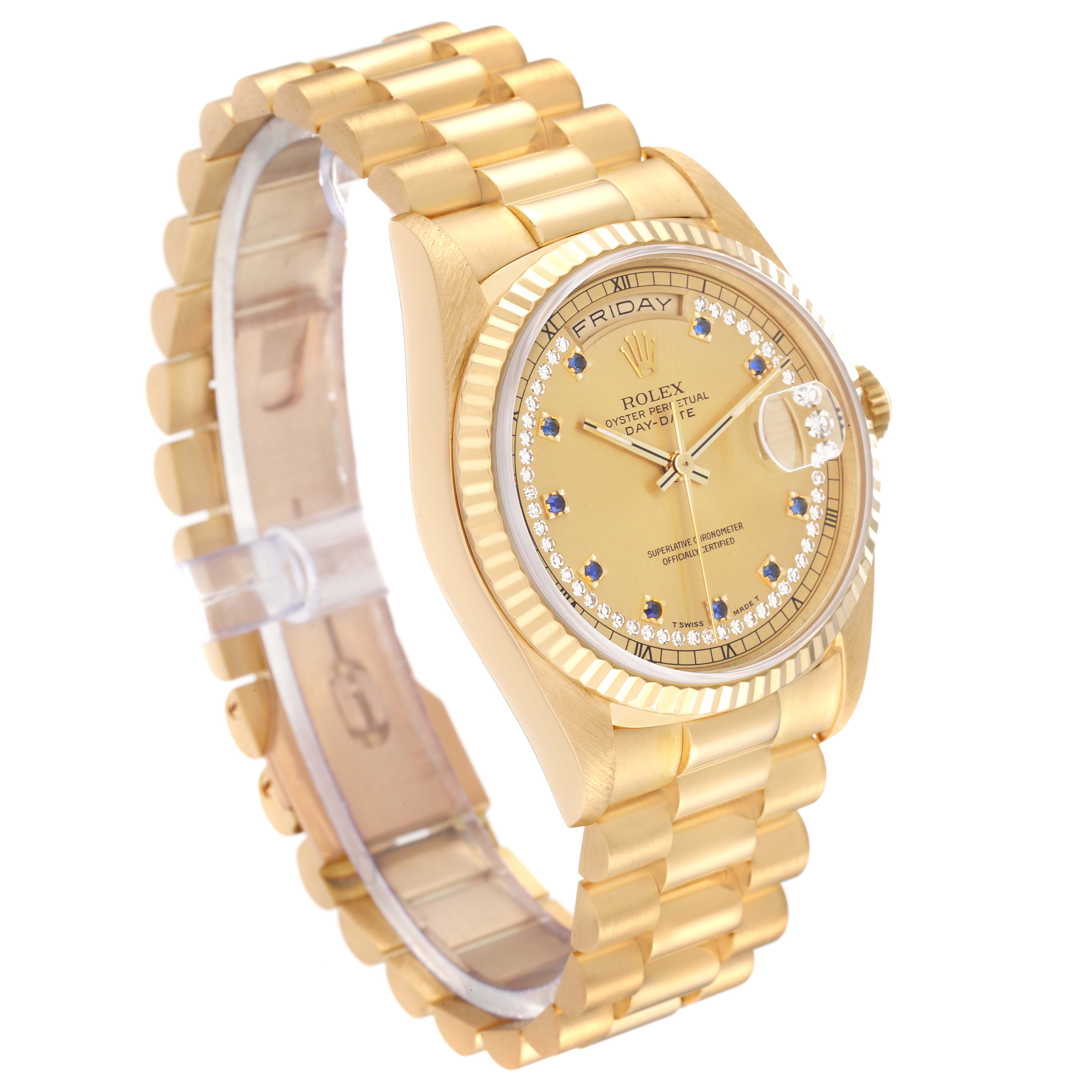 The Rolex President 18238 Men's Yellow Gold Champagne Dial 18238 Men's Yellow Gold Champagne Dial model watch is shown at a three-quarter angle, displaying its gold band, face, and bezel.