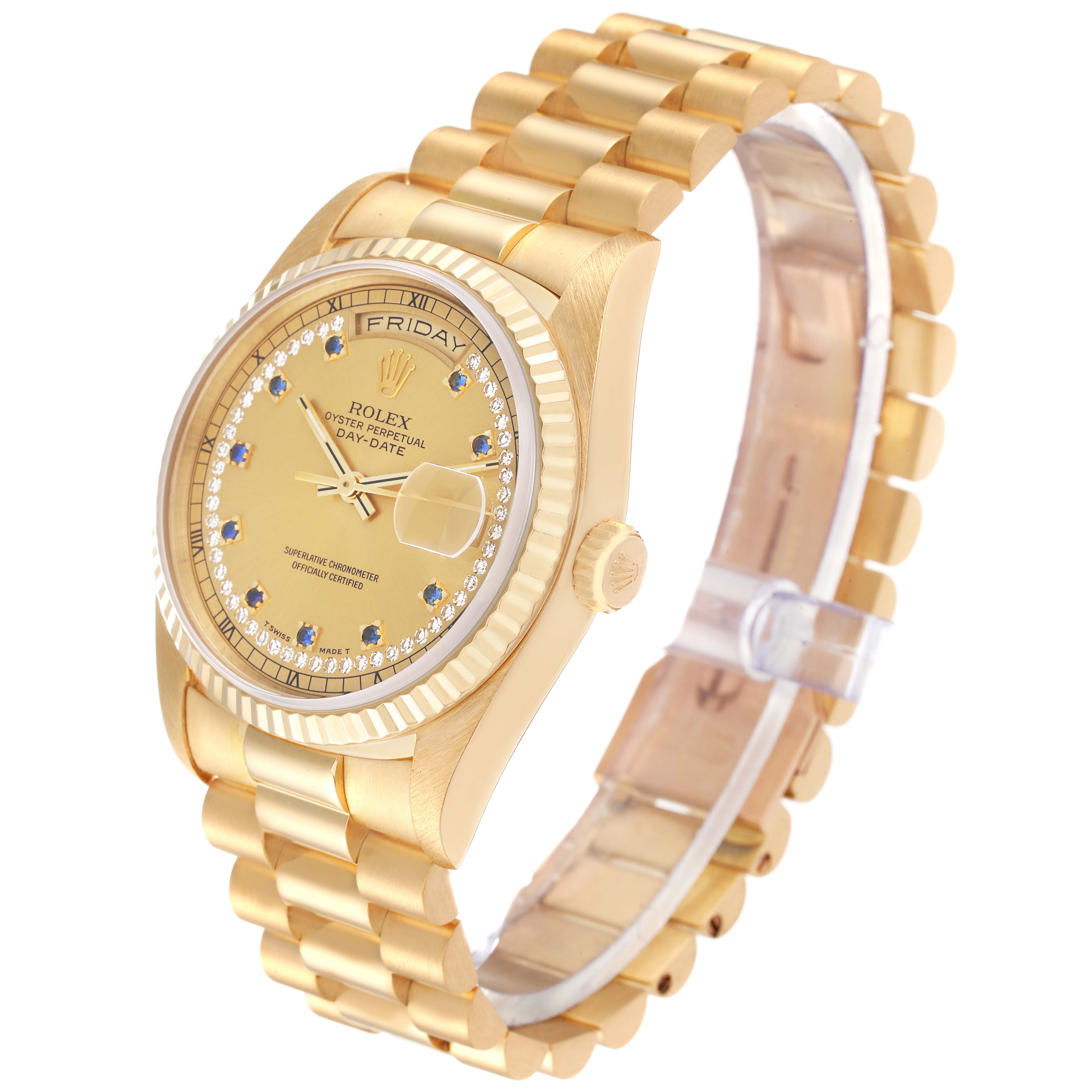 The Rolex President 18238 Men's Yellow Gold Champagne Dial 18238 Men's Yellow Gold Champagne Dial model watch is shown at a slight angle, highlighting its gold band, dial, crown, and fluted bezel.