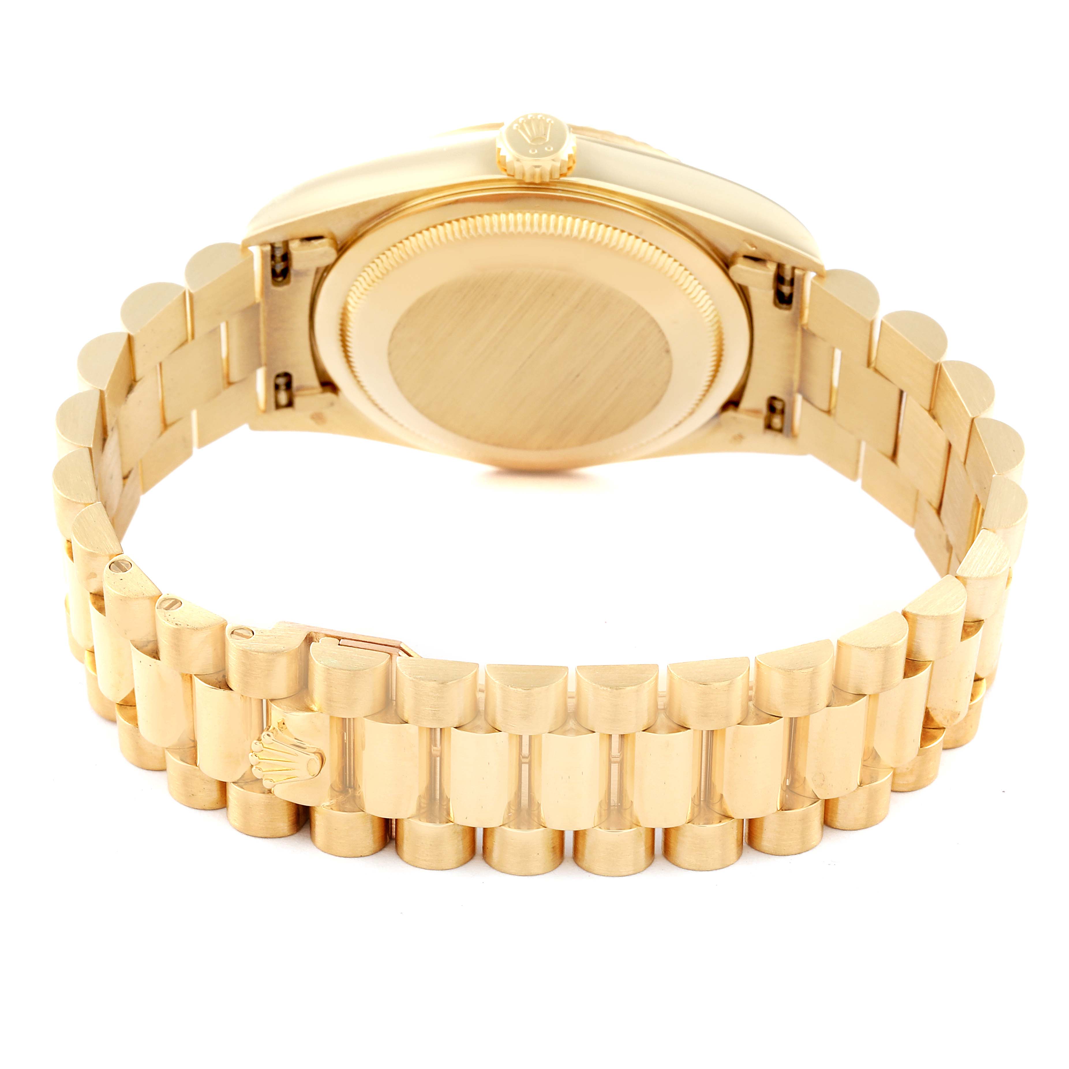 The image shows the back view of a Rolex President 18238 Men's Yellow Gold Champagne Dial 18238 Men's Yellow Gold Champagne Dial model watch, highlighting its gold case and bracelet.