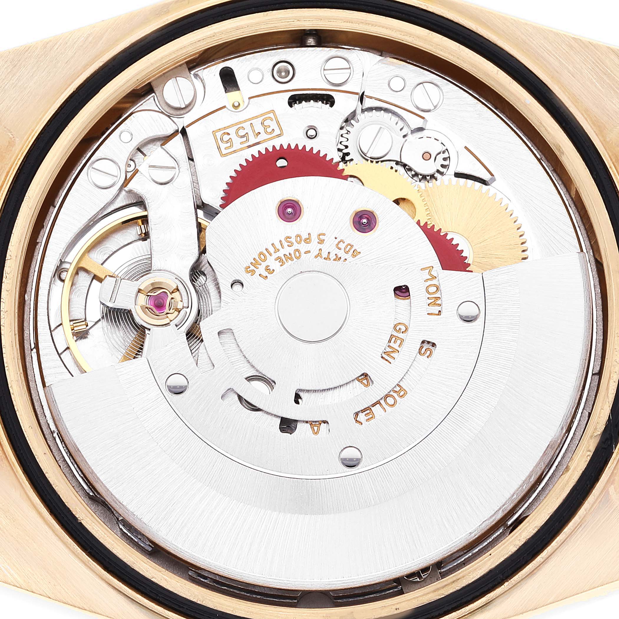 The image shows a close-up view of the movement and internal mechanisms of a Rolex President 18238 Men's Yellow Gold Champagne Dial 18238 Men's Yellow Gold Champagne Dial model watch.