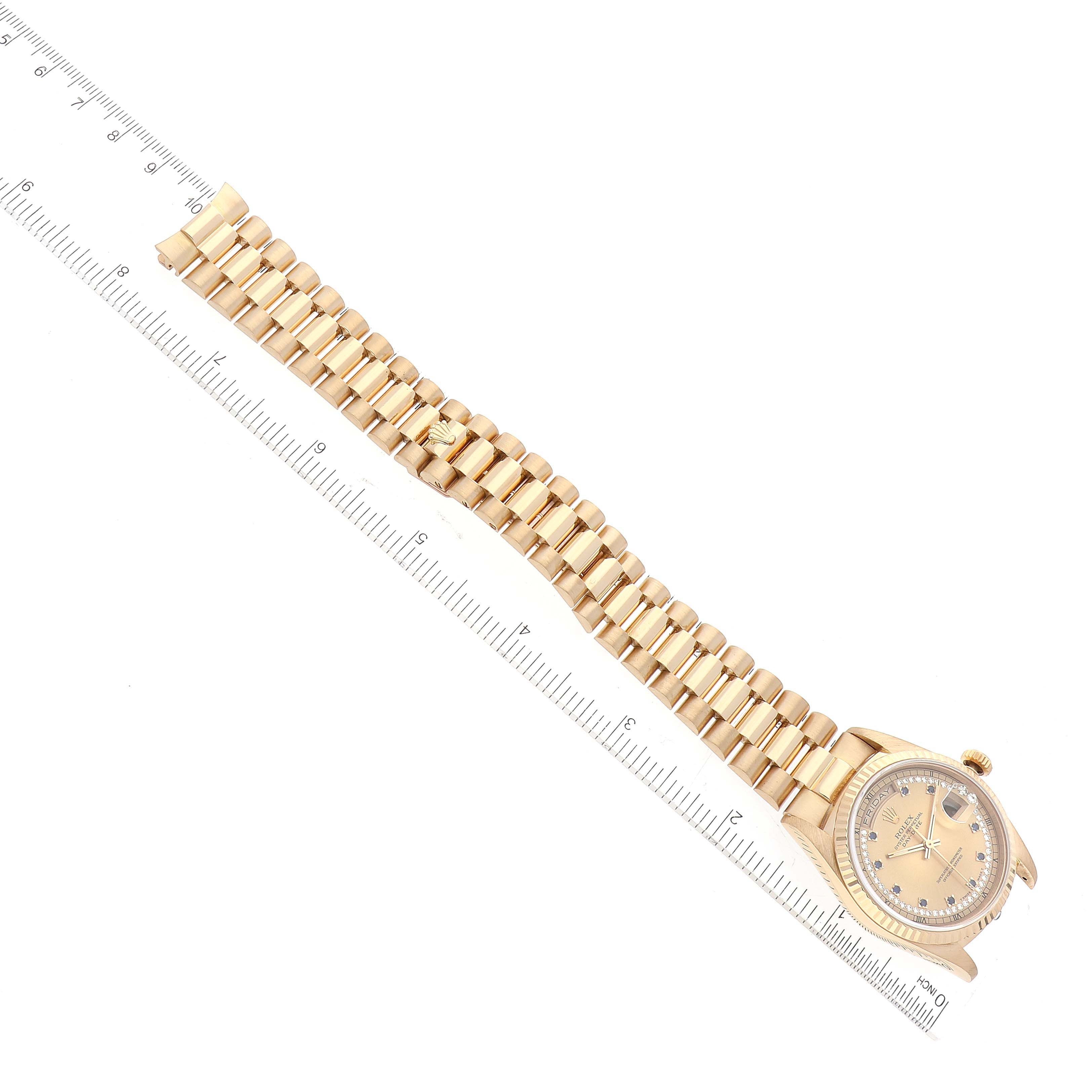 The image shows a top-down view of a Rolex President 18238 Men's Yellow Gold Champagne Dial 18238 Men's Yellow Gold Champagne Dial model watch, displaying its face and full gold bracelet.