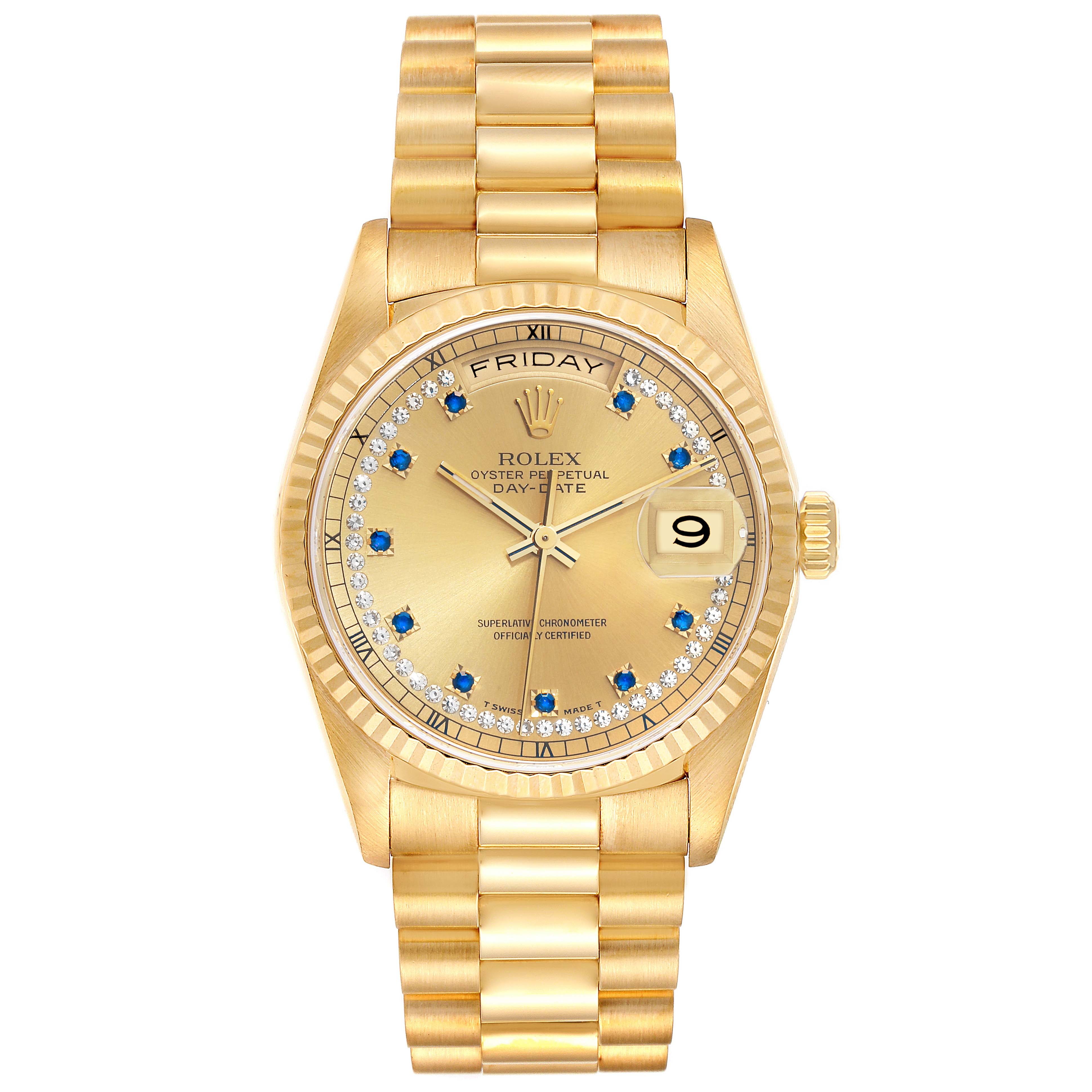 This Rolex President 18238 Men's Yellow Gold Champagne Dial 18238 Men's Yellow Gold Champagne Dial model watch is shown from a top-down angle, highlighting its gold bracelet, bezel, and dial with blue and diamond accents.
