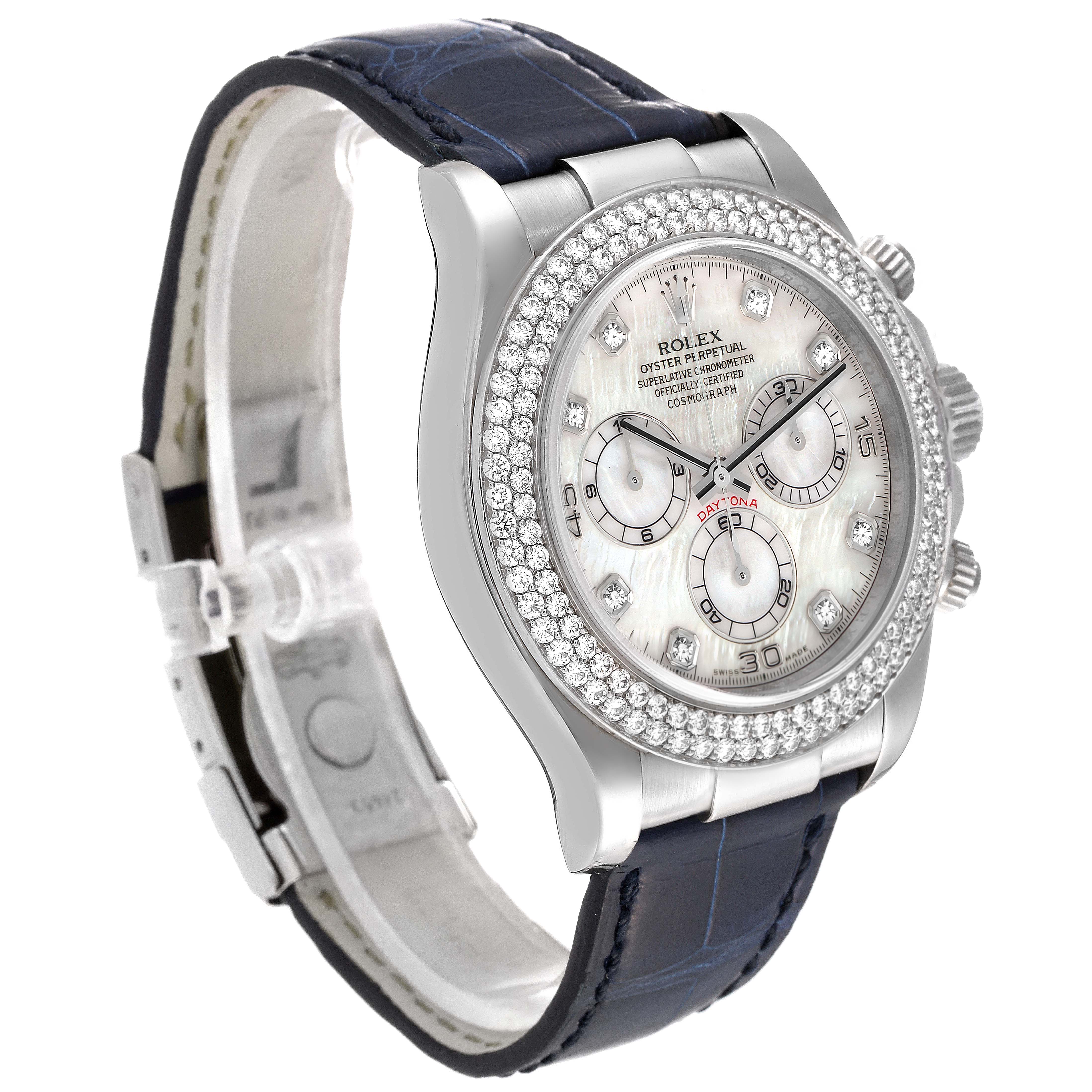 The image shows a side angle view of the Rolex Daytona 116589 Men's White Gold Mother of Pearl Dial 116589 Men's White Gold Mother of Pearl Dial watch, highlighting the dial, bezel, and leather strap.