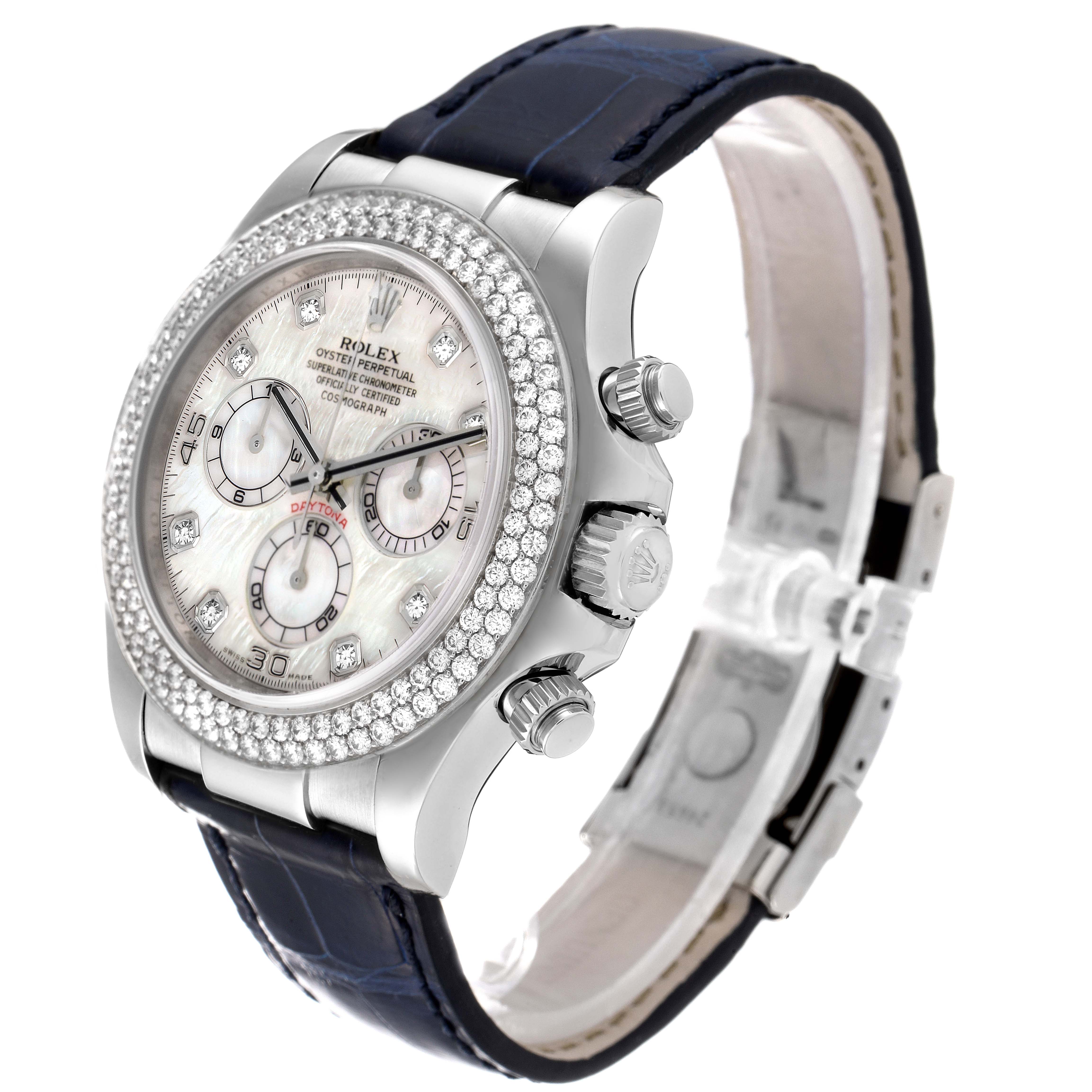 This image shows a side angle of the Rolex Daytona 116589 Men's White Gold Mother of Pearl Dial 116589 Men's White Gold Mother of Pearl Dial watch, highlighting the face, bezel, crown, and strap.