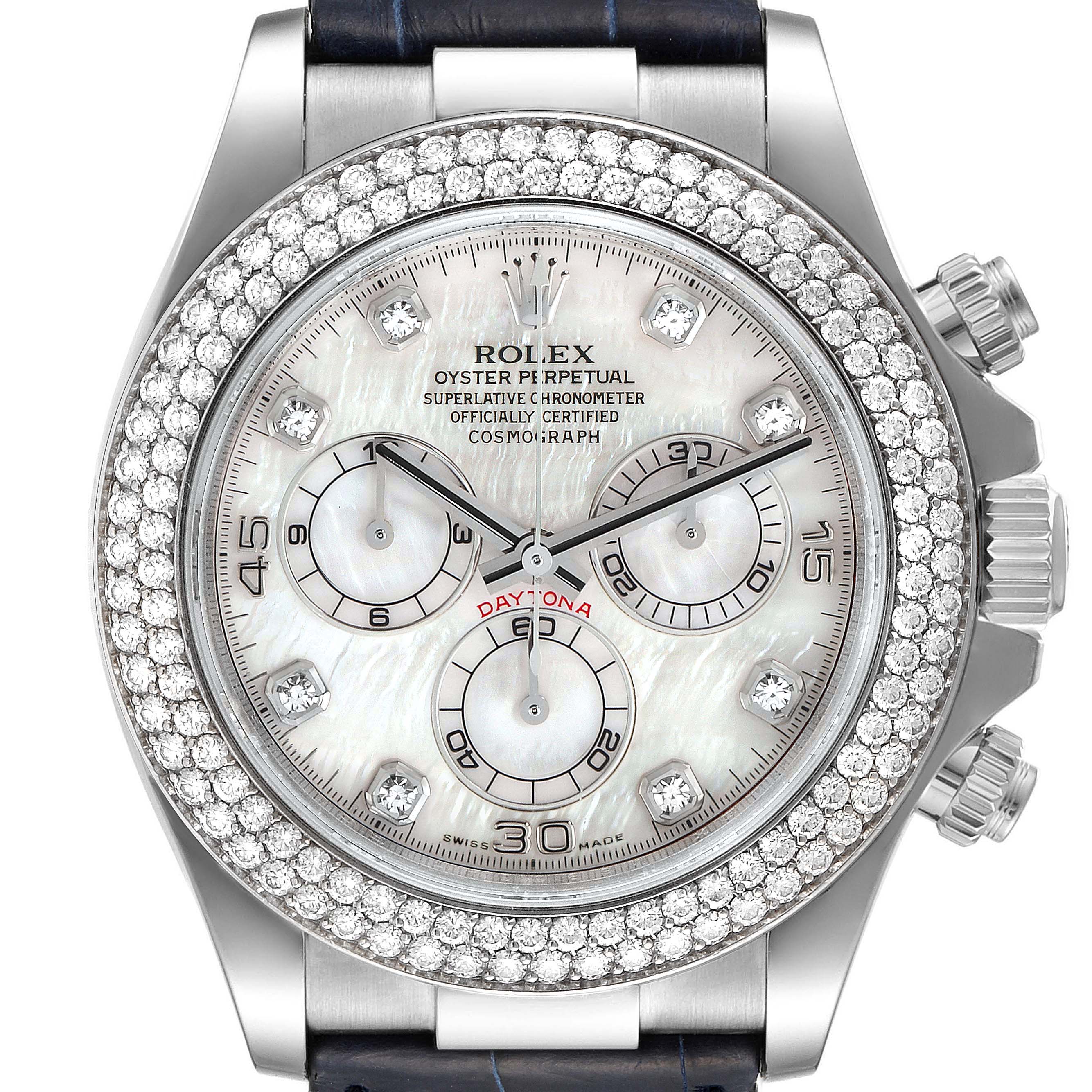 The image shows a close-up front view of the Rolex Daytona 116589 Men's White Gold Mother of Pearl Dial 116589 Men's White Gold Mother of Pearl Dial watch, highlighting its diamond bezel and dial details.
