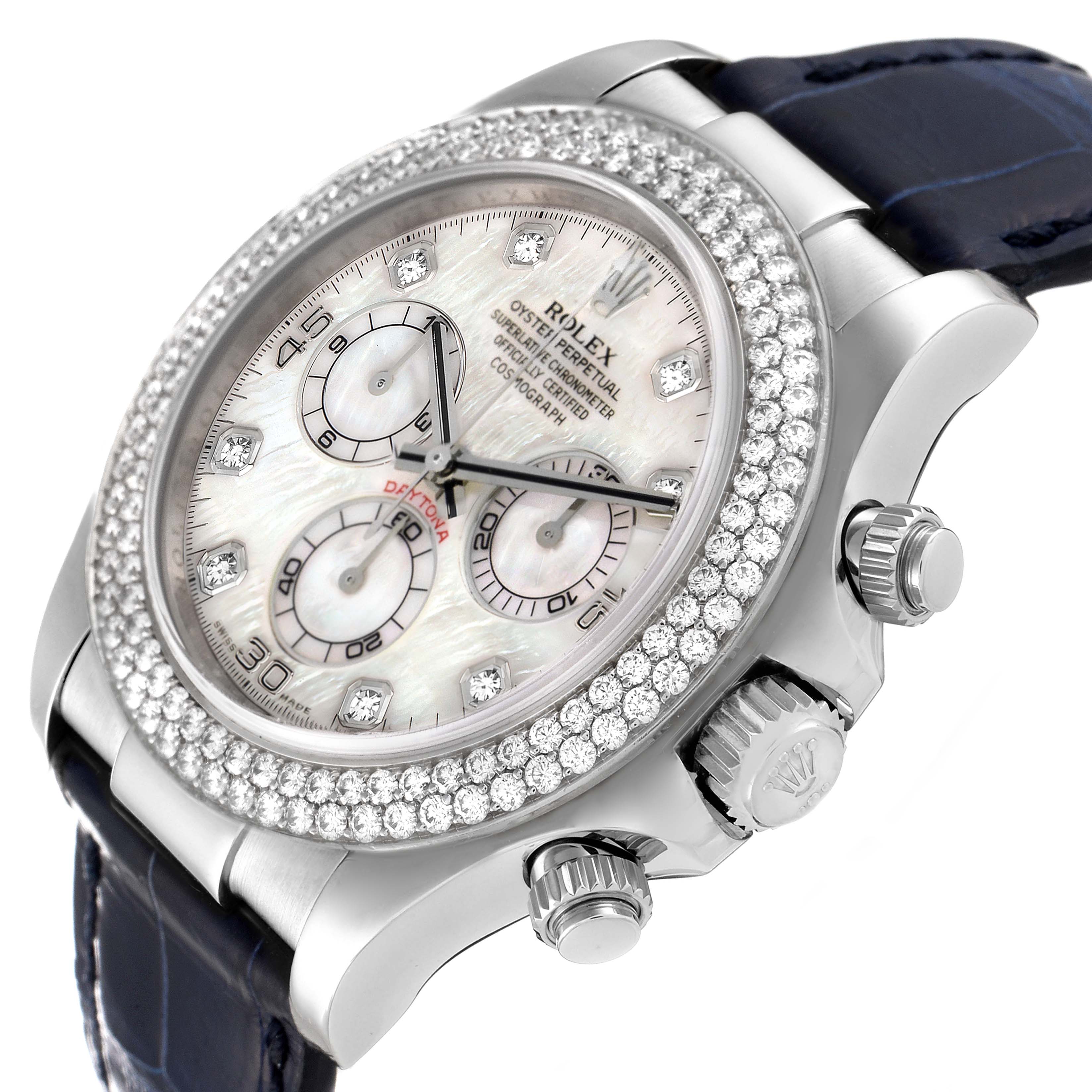 The image shows a close-up, angled view of the dial, bezel, and crown of a Rolex Daytona 116589 Men's White Gold Mother of Pearl Dial 116589 Men's White Gold Mother of Pearl Dial watch with a diamond-studded bezel and leather strap.