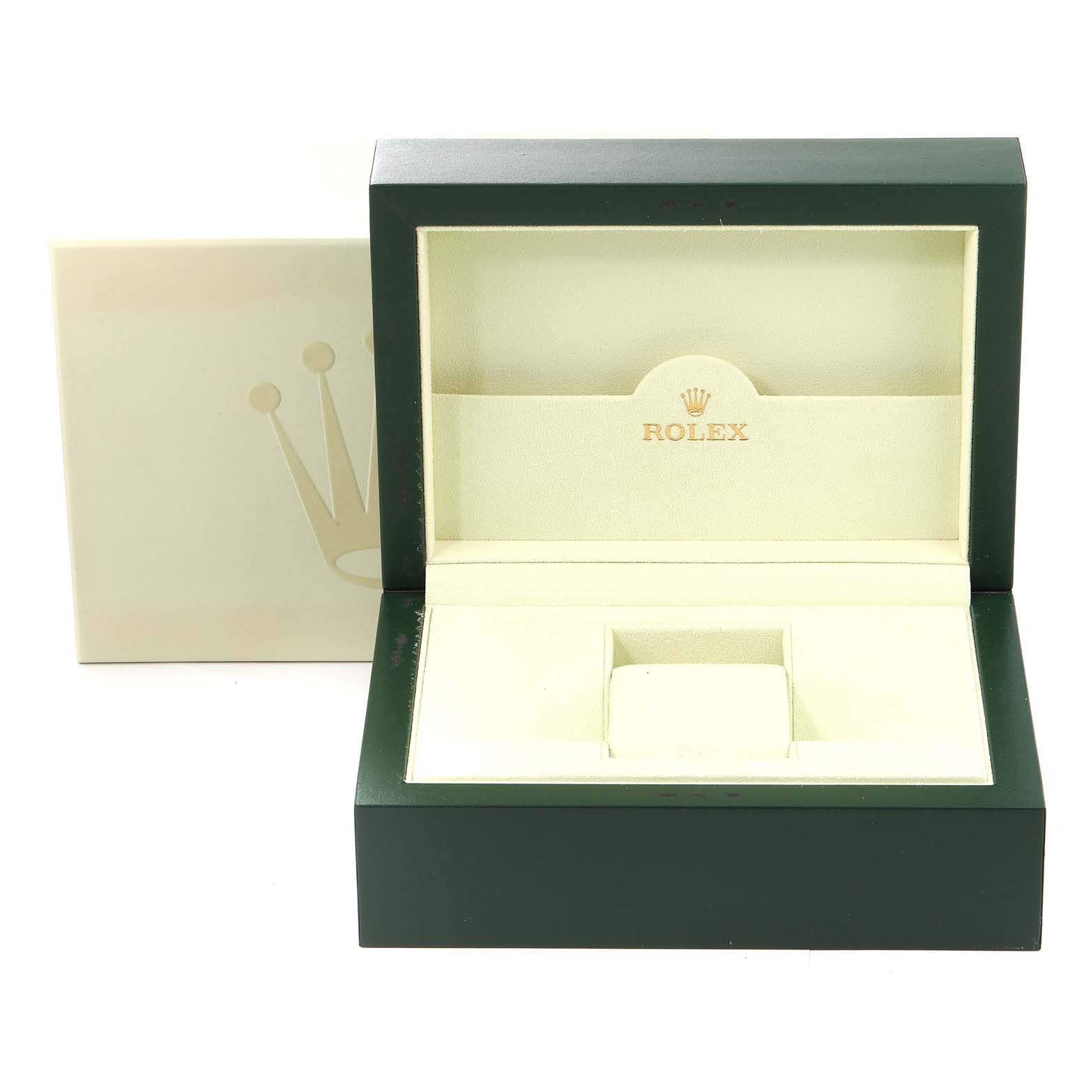 This image shows an empty Rolex Daytona 116589 Men's White Gold Mother of Pearl Dial 116589 Men's White Gold Mother of Pearl Dial watch box with a cream interior and green exterior.