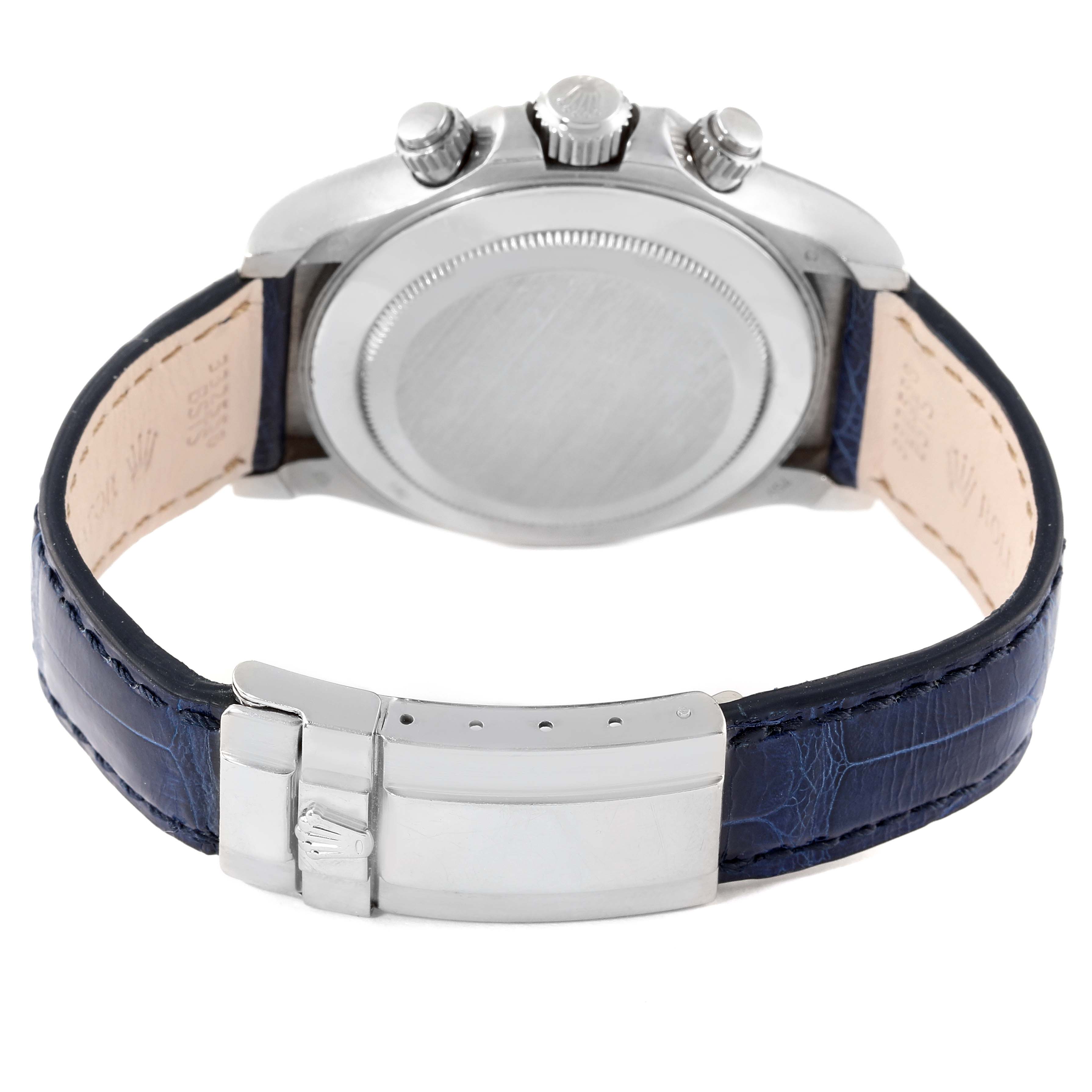 The image shows the back case, crown, pushers, and clasp of the Rolex Daytona 116589 Men's White Gold Mother of Pearl Dial 116589 Men's White Gold Mother of Pearl Dial watch.