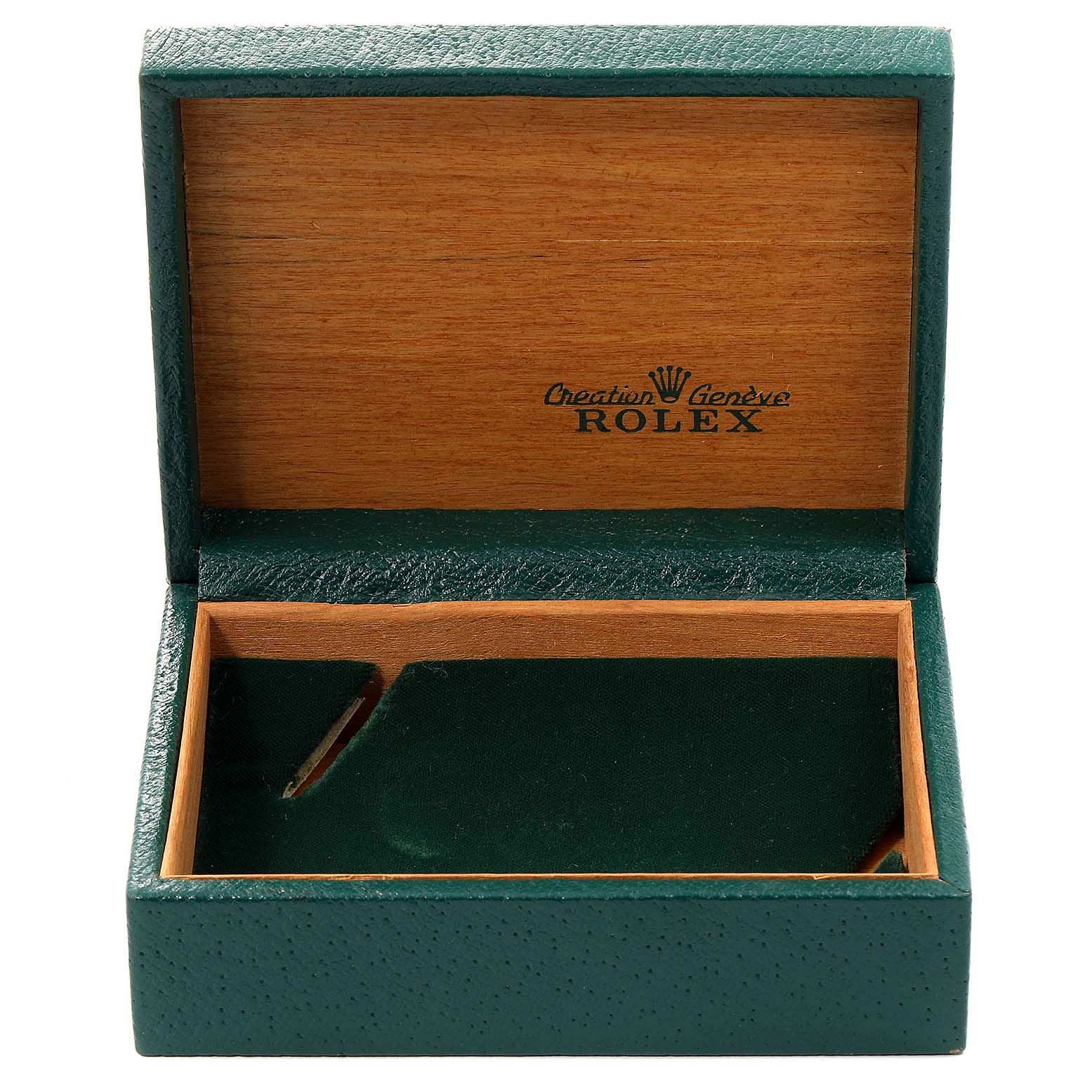 This is an open green and wood Rolex Vintage Collection 1655 Men's Stainless Steel Black Dial 1655 Men's Stainless Steel Black Dial watch box viewed from the front.
