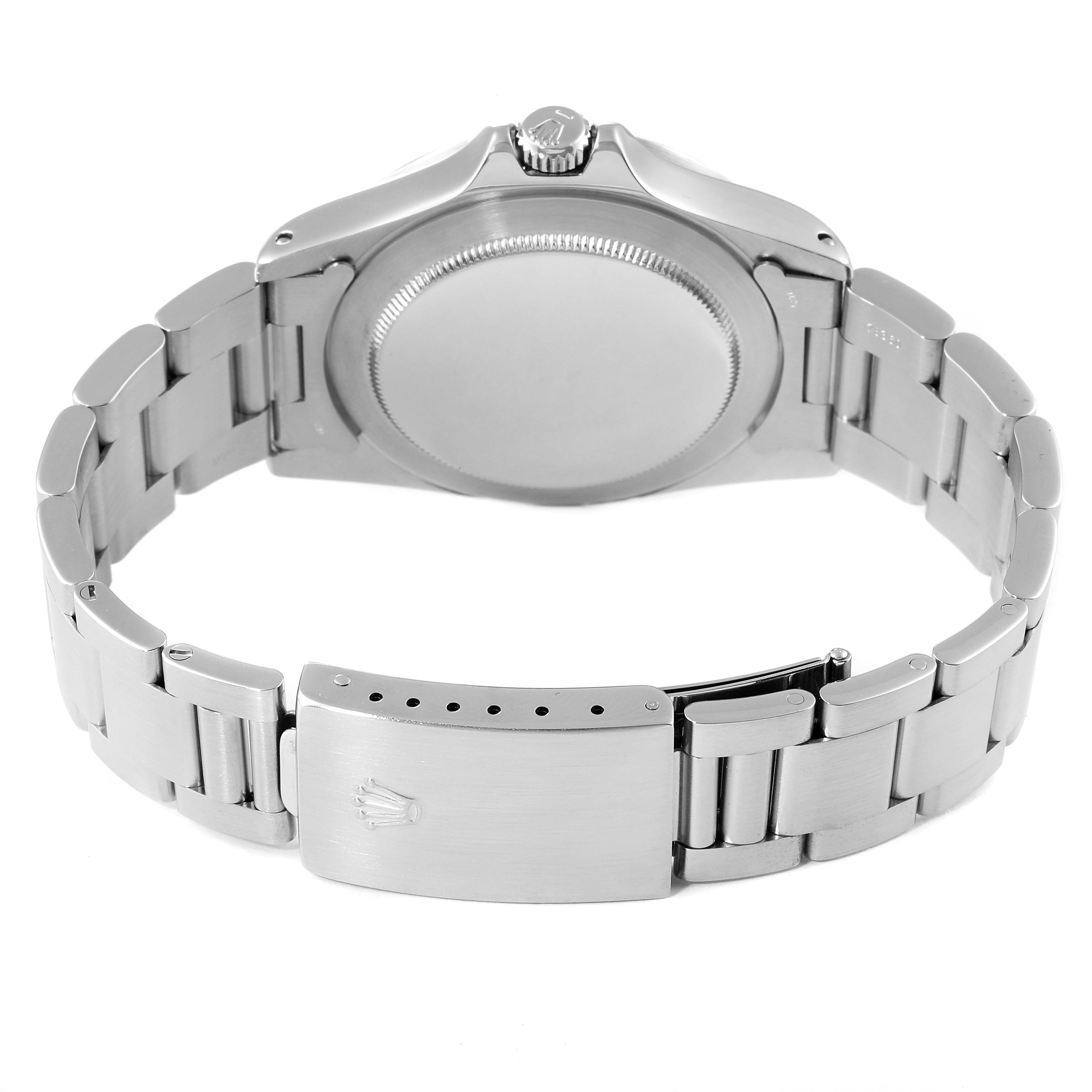 The image shows the back and bracelet of a Rolex Vintage Collection 1655 Men's Stainless Steel Black Dial 1655 Men's Stainless Steel Black Dial watch from a bottom angle.