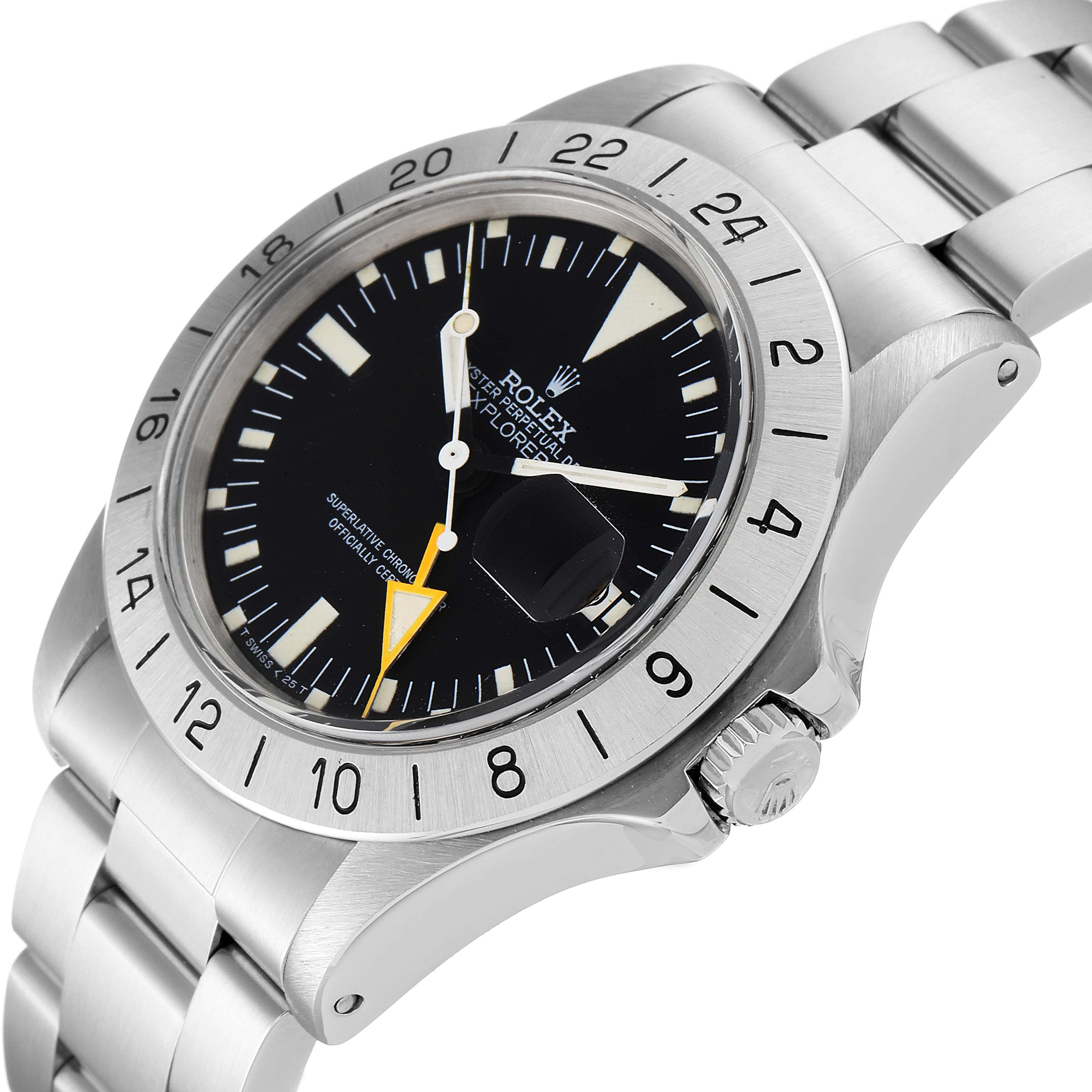 The image shows a close-up of the Rolex Vintage Collection 1655 Men's Stainless Steel Black Dial 1655 Men's Stainless Steel Black Dial watch, highlighting the face, bezel, and part of the metal bracelet.