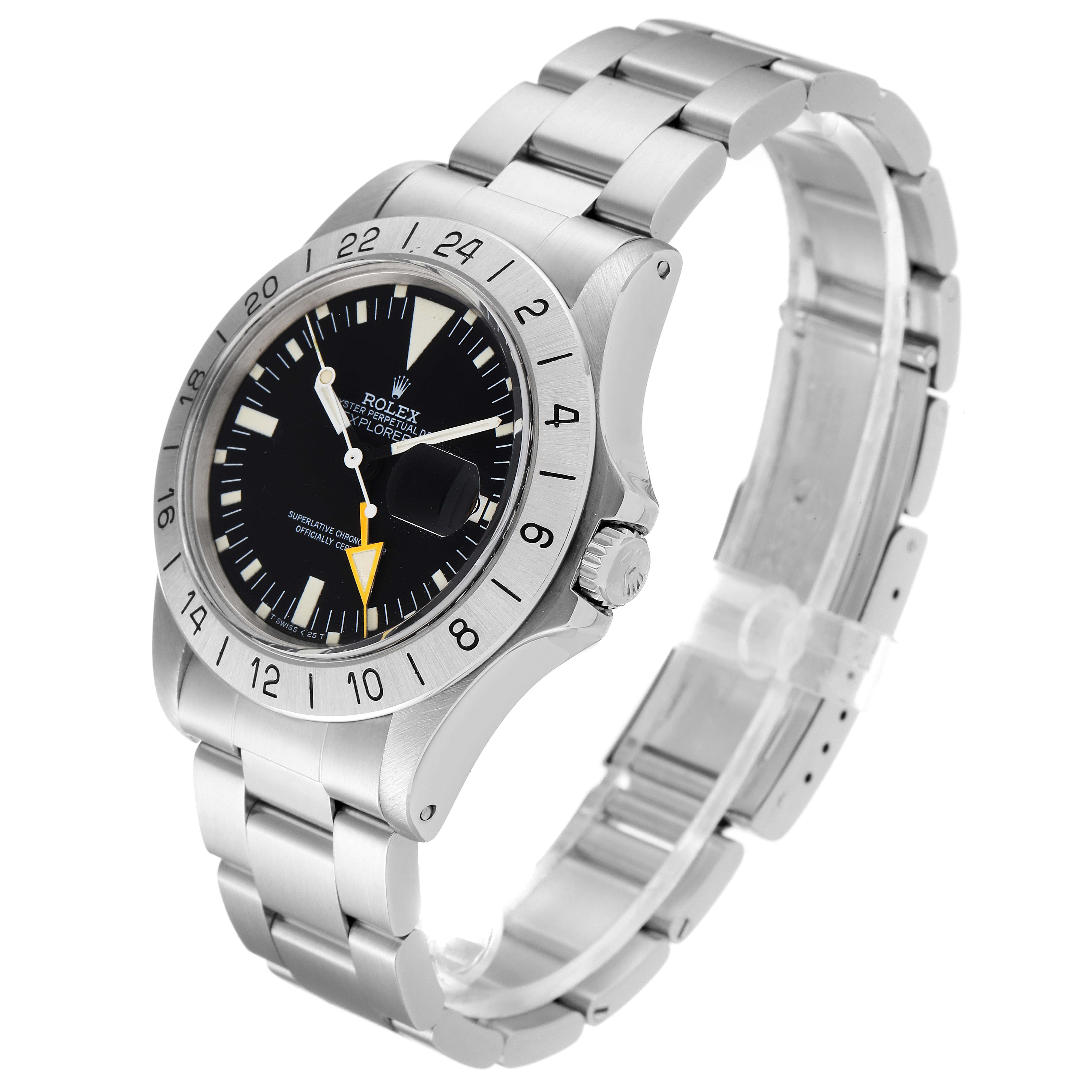 This image shows a side angle of the Rolex Vintage Collection 1655 Men's Stainless Steel Black Dial 1655 Men's Stainless Steel Black Dial watch, highlighting its face, bezel, crown, and metallic bracelet.