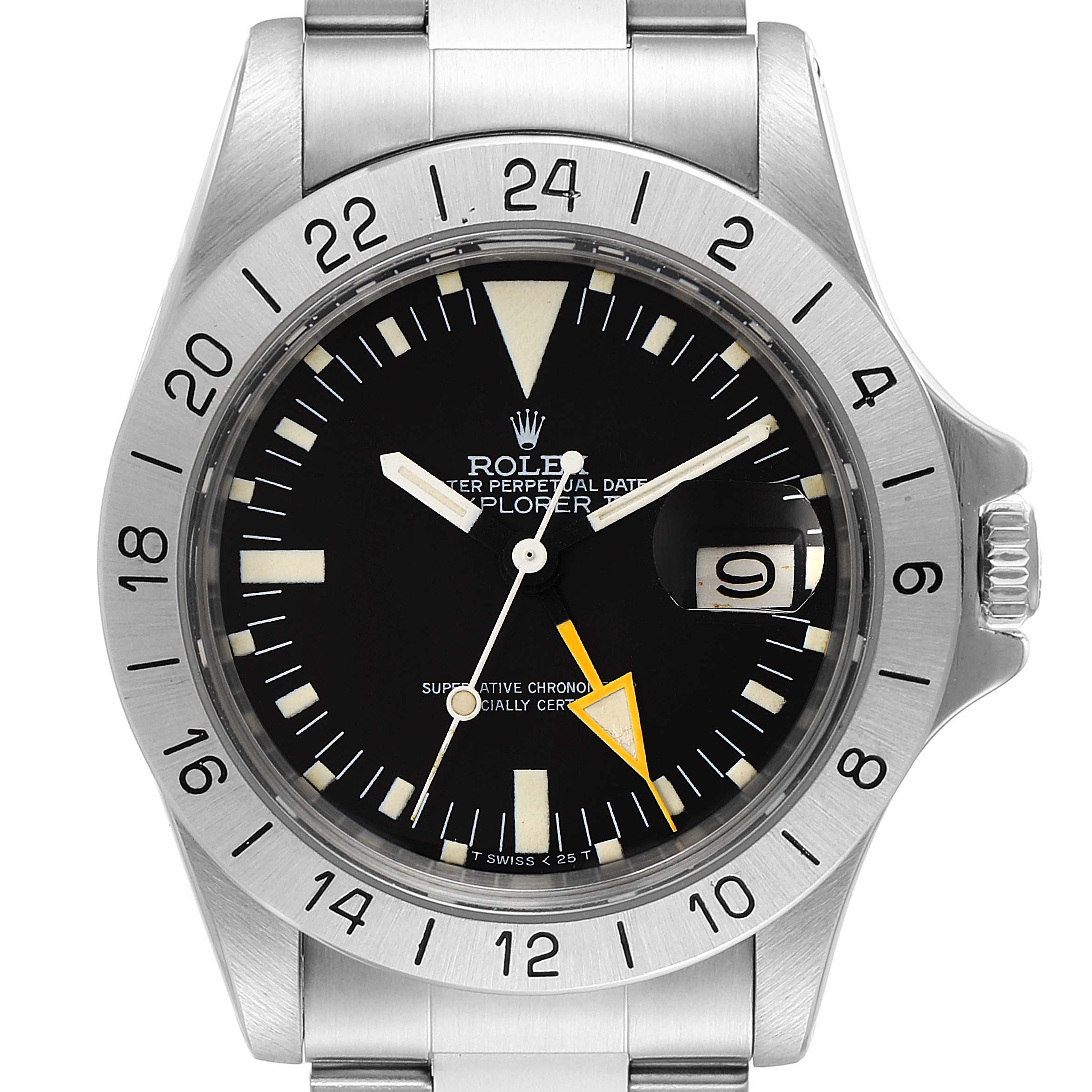 This image shows a frontal view of a Vintage Collection Rolex Explorer watch, displaying the dial, hands, bezel, and part of the bracelet.