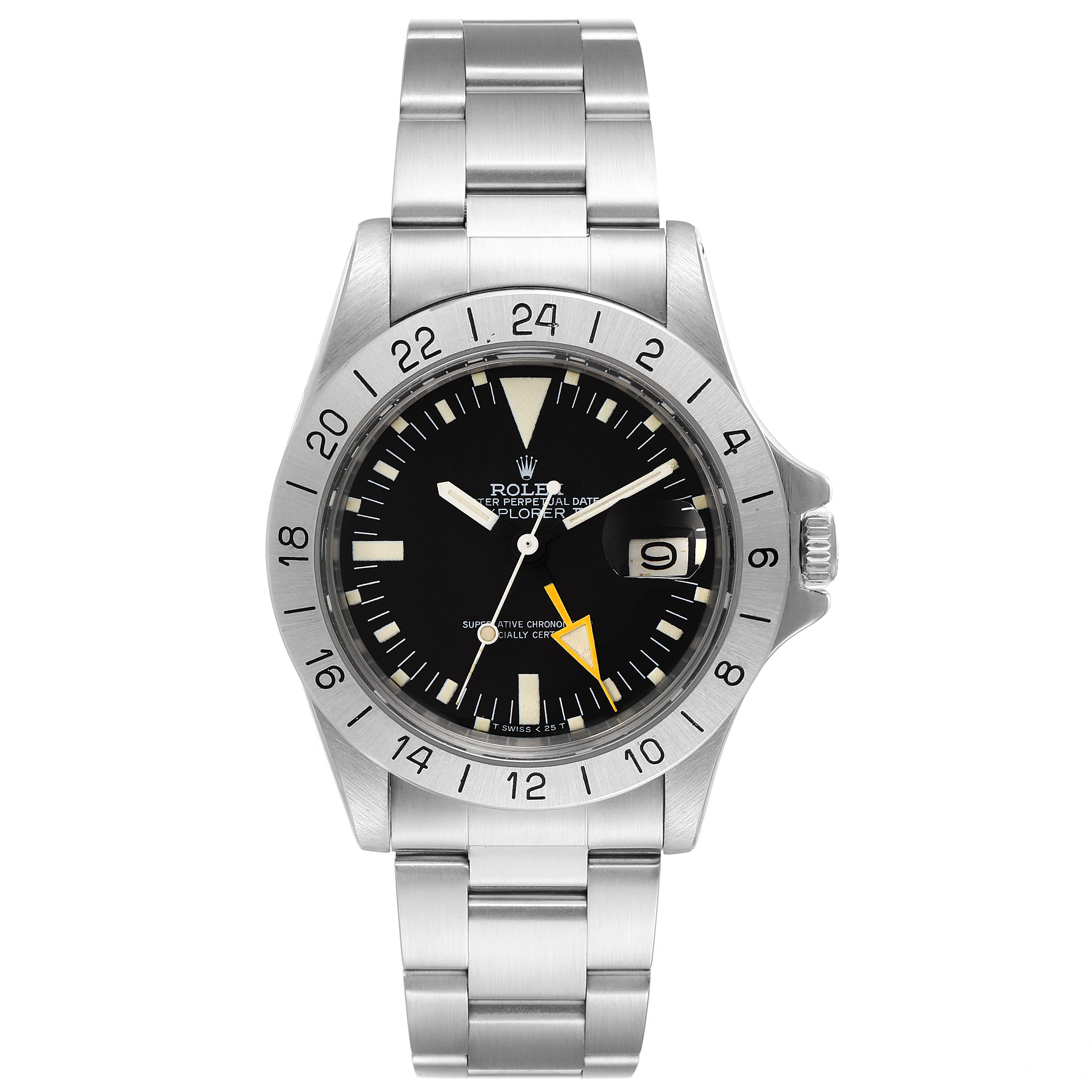 This image shows a front view of the Rolex Vintage Collection 1655 Men's Stainless Steel Black Dial 1655 Men's Stainless Steel Black Dial Explorer model, highlighting its dial, hands, case, and bracelet.